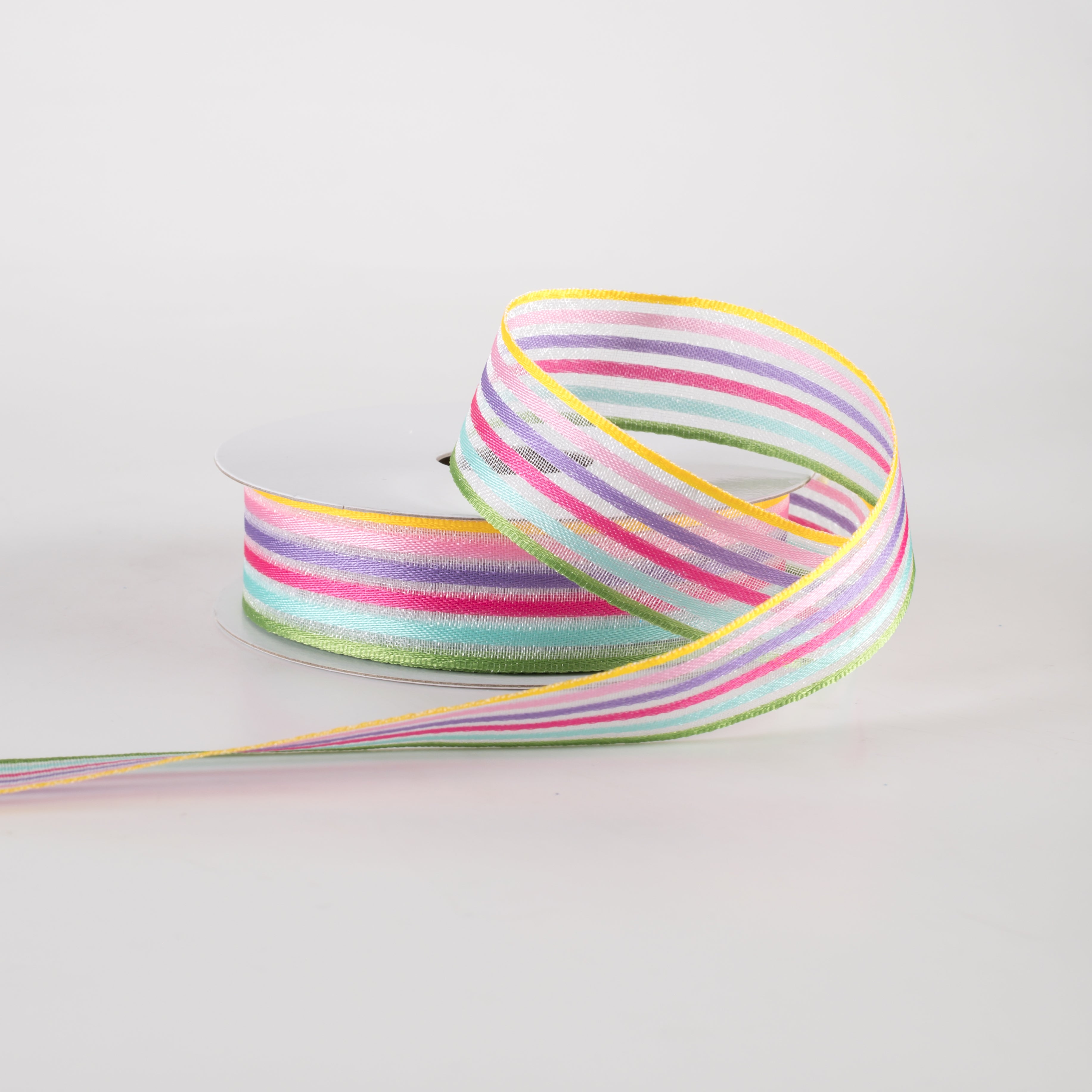 7/8" Pastel Rainbow Stripes White Sheer Woven Ribbon (10 Yards) Lifestyle Photo