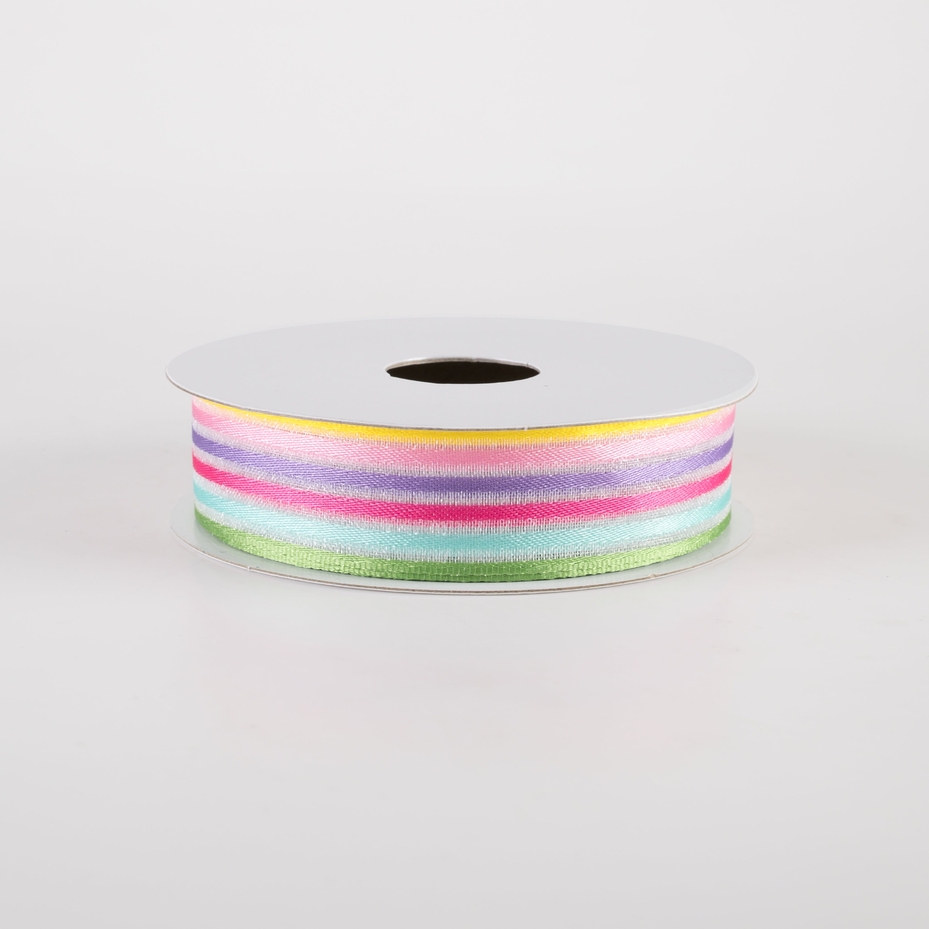 7/8" Pastel Rainbow Stripes White Sheer Woven Ribbon (10 Yards)
