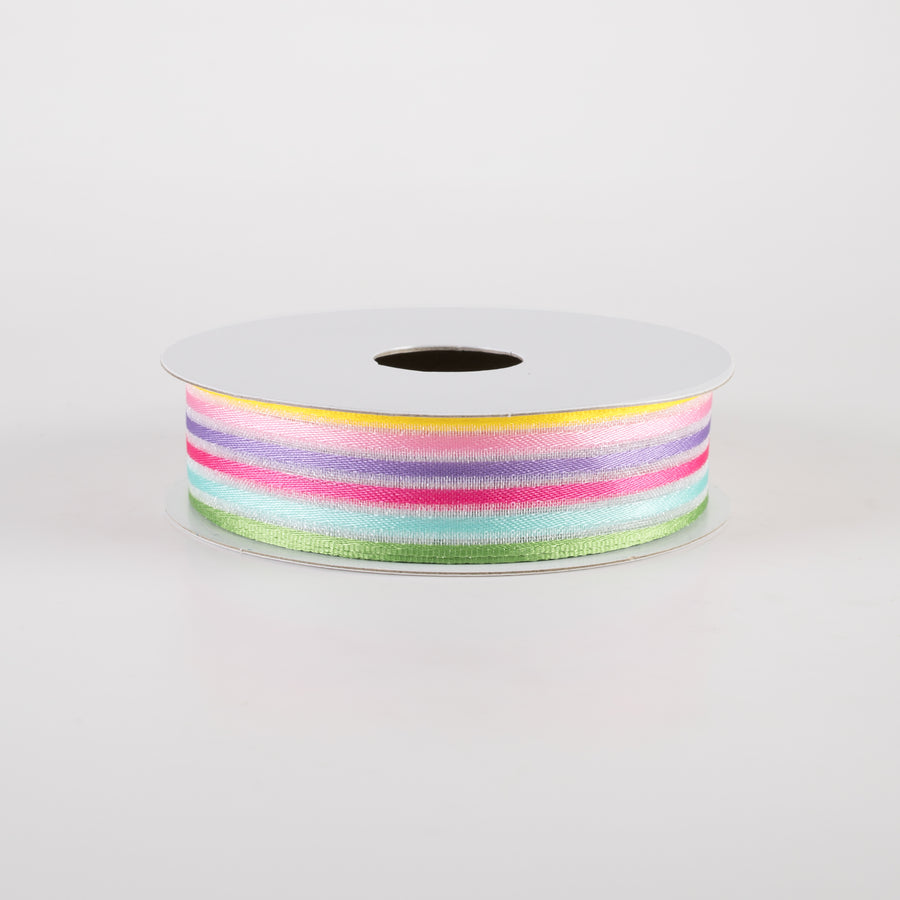 7/8" Pastel Rainbow Stripes White Sheer Woven Ribbon (10 Yards)
