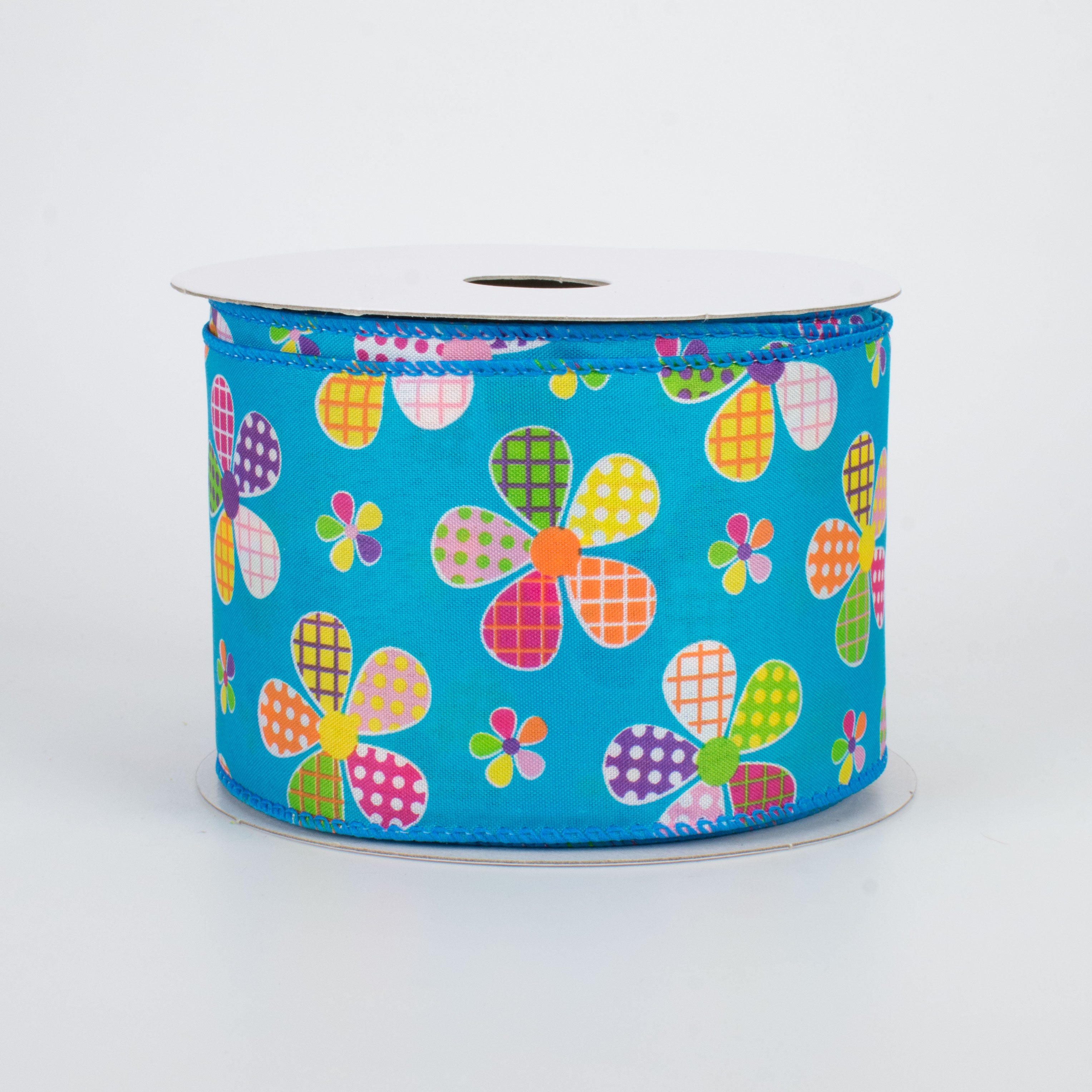 2.5" Patchwork Flowers Ribbon: Blue (10 Yards)