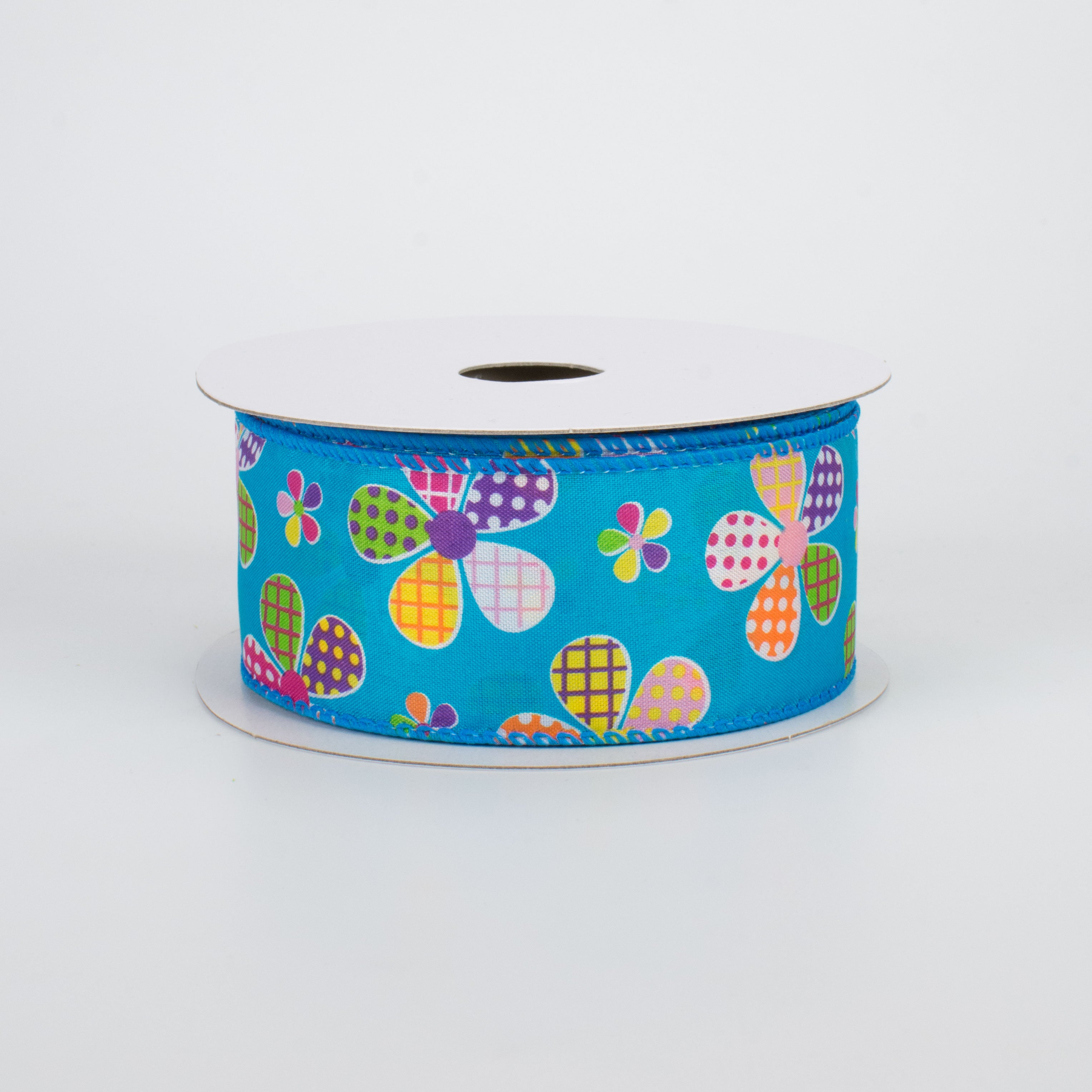 1.5" Patchwork Flowers Ribbon: Blue (10 Yards)