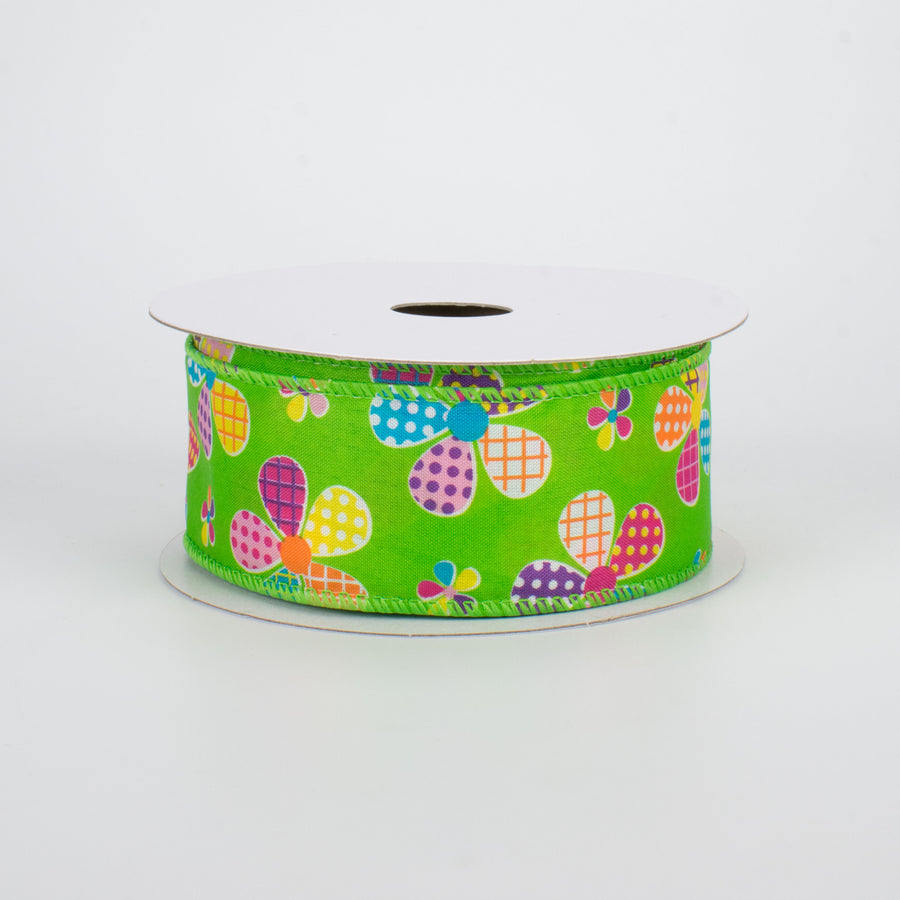 1.5" Patchwork Flowers Ribbon: Lime (10 Yards)