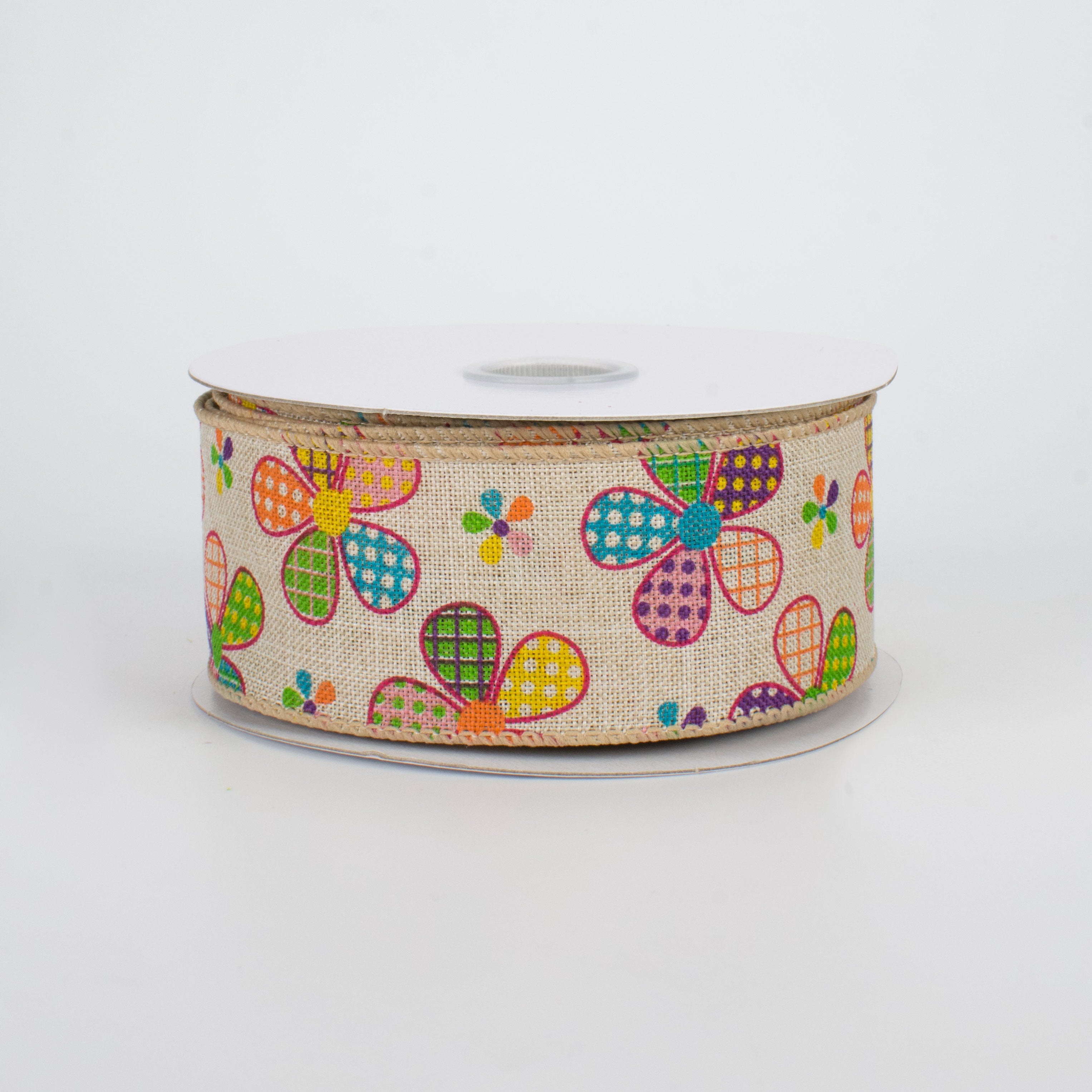 1.5" Patchwork Flowers Ribbon: Natural (10 Yards)