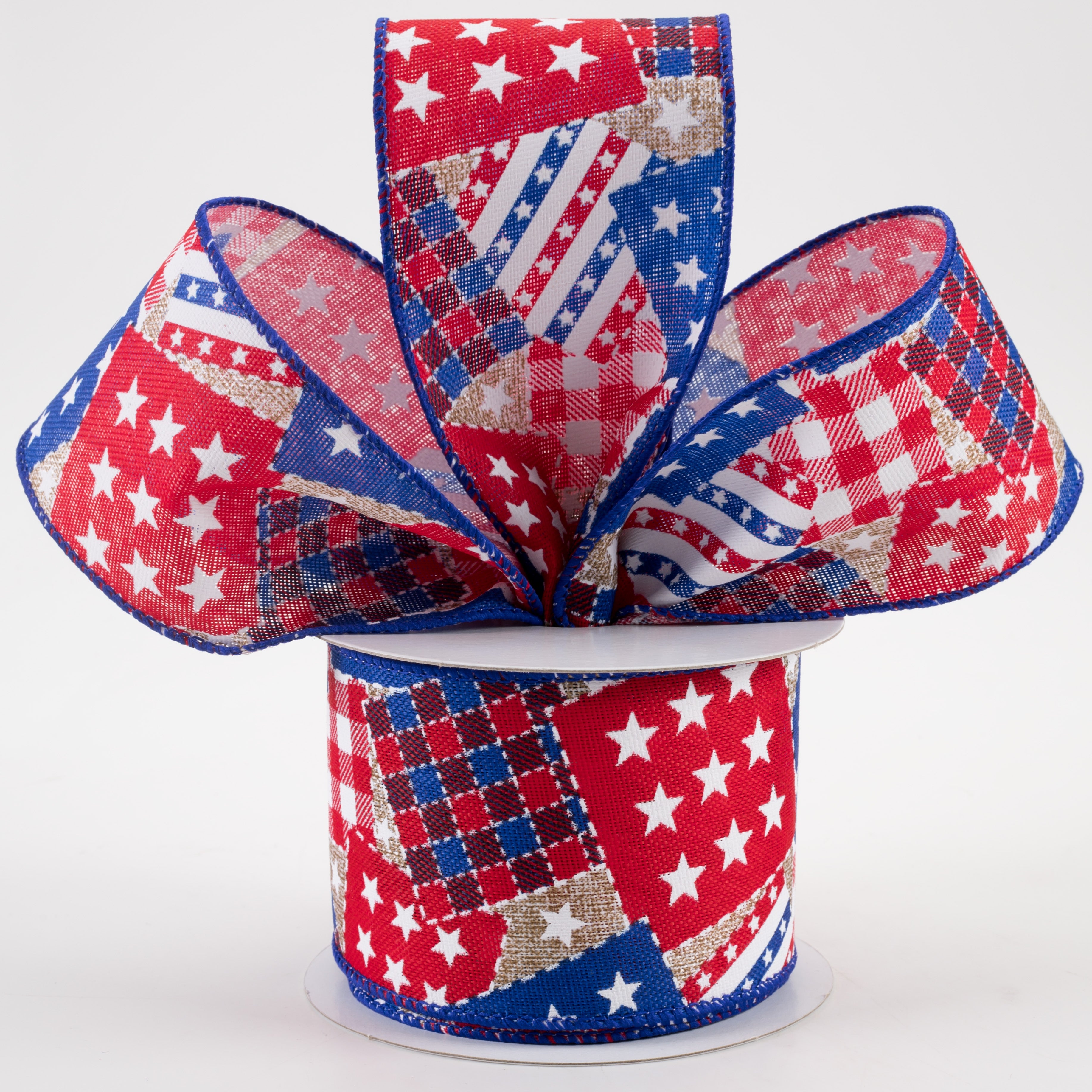 2.5" Patriotic Patches Linen Ribbon: Natural, Red, Blue (10 Yards) Lifestyle Photo