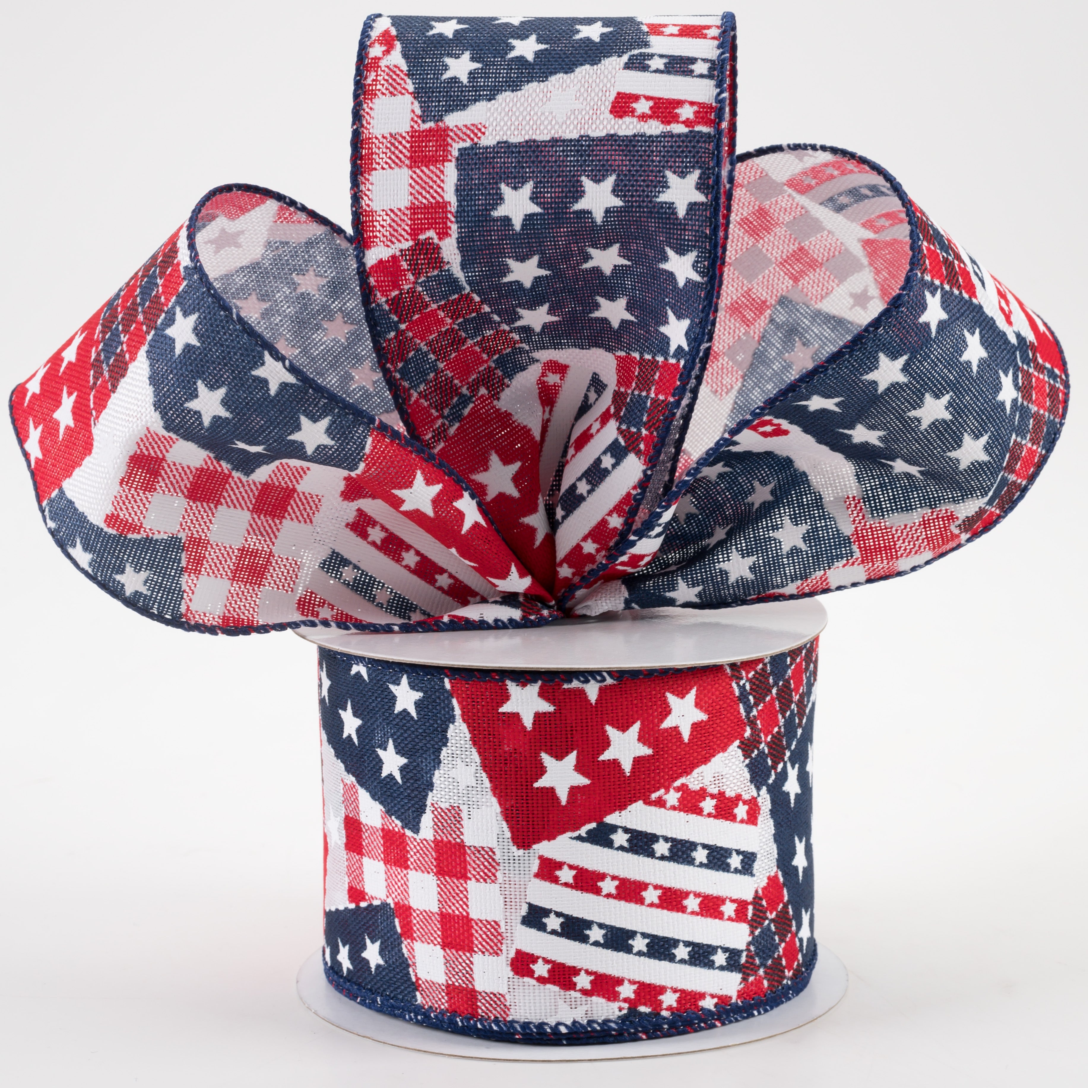2.5" Patriotic Patches Linen Ribbon: White, Red, Navy Blue (10 Yards) Lifestyle Photo