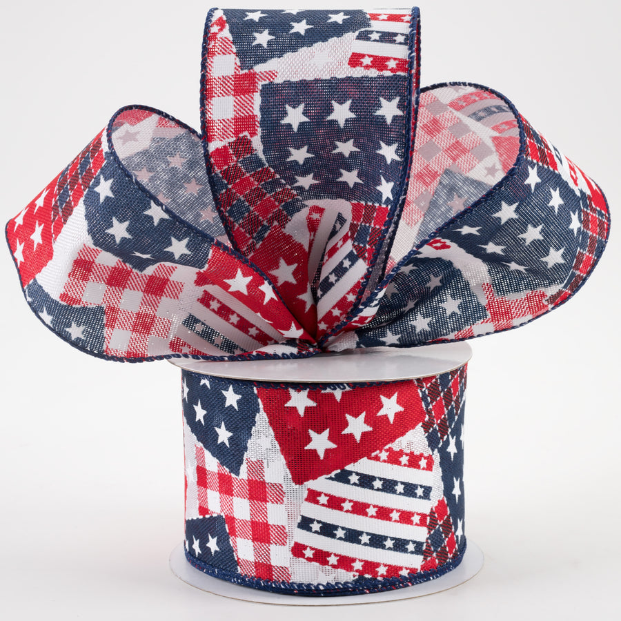 2.5" Patriotic Patches Linen Ribbon: White, Red, Navy Blue (10 Yards) Lifestyle Photo