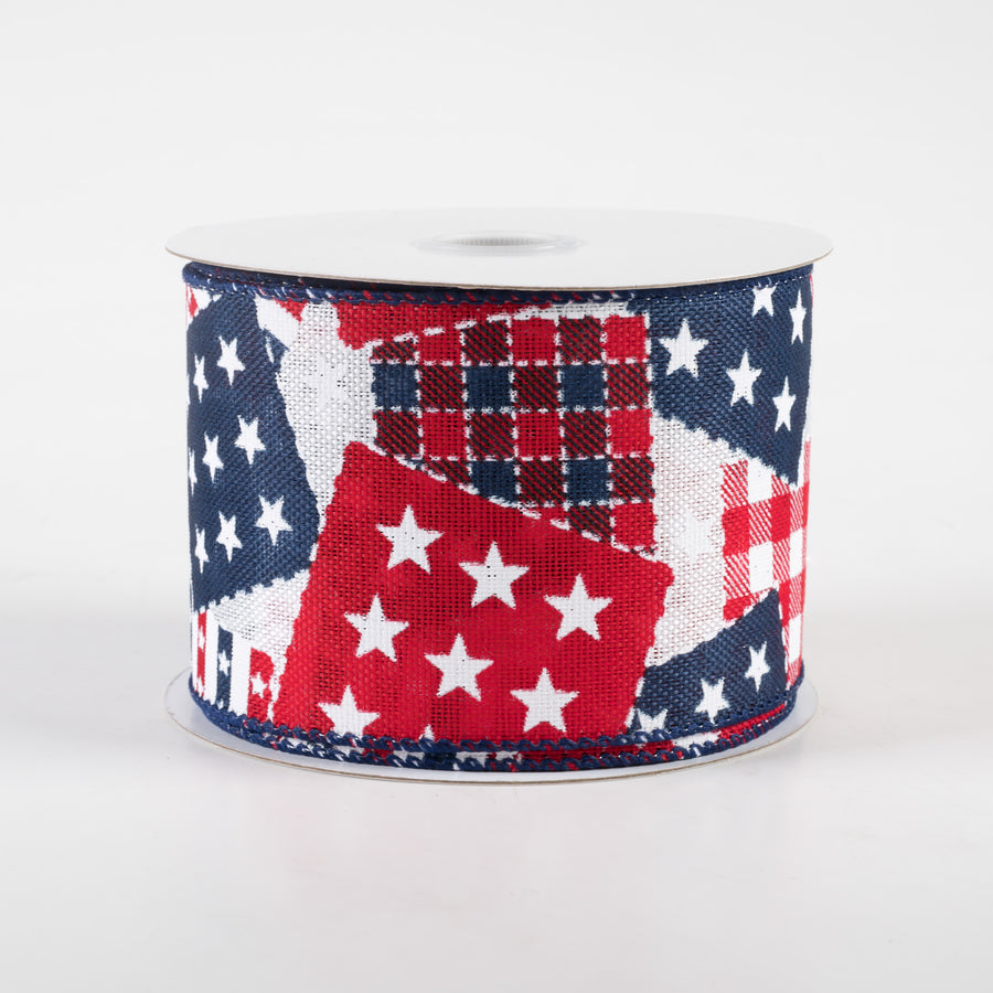 2.5" Patriotic Patches Linen Ribbon: White, Red, Navy Blue (10 Yards)