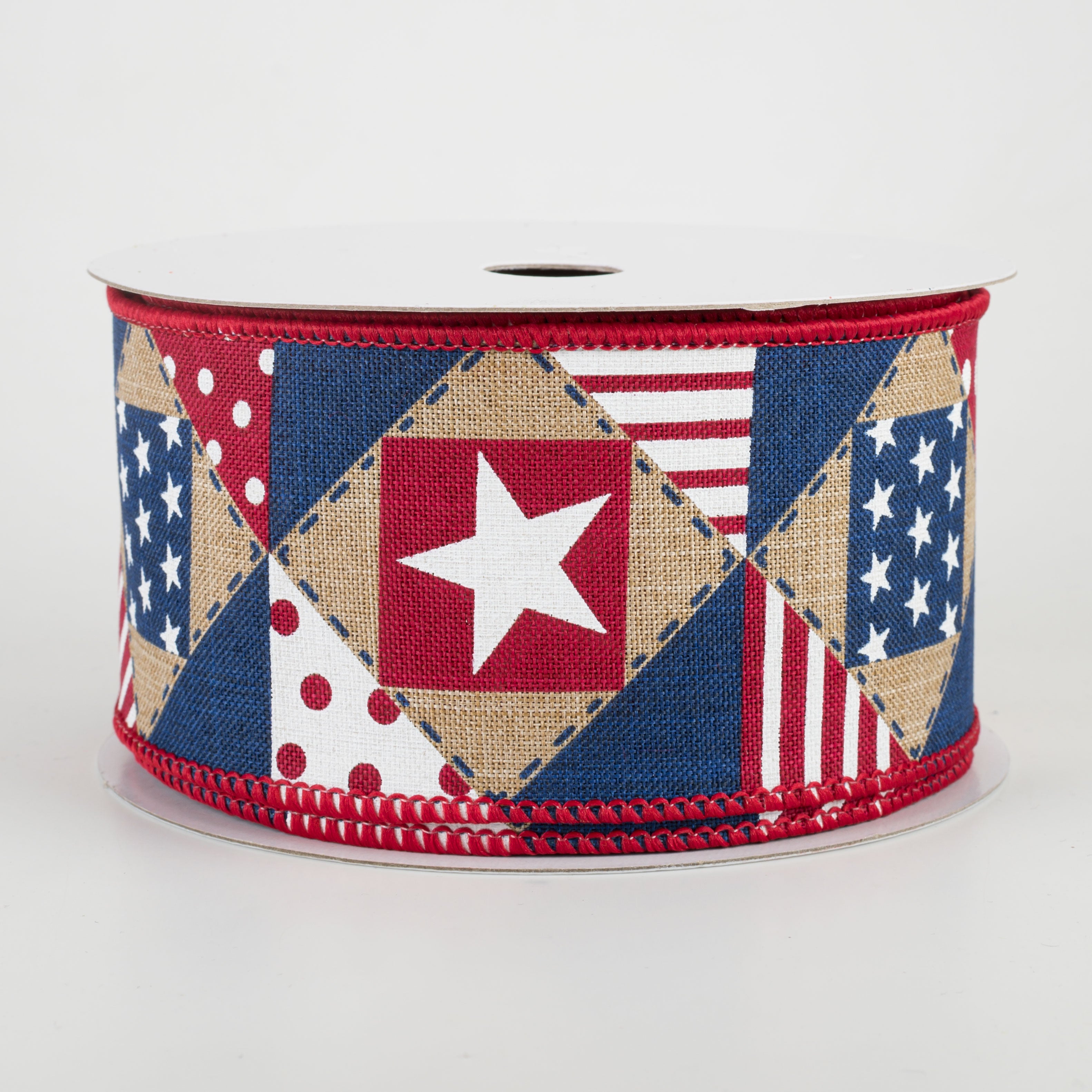 2.5" Patriotic Patchwork Ribbon: Light Beige (10 Yards)
