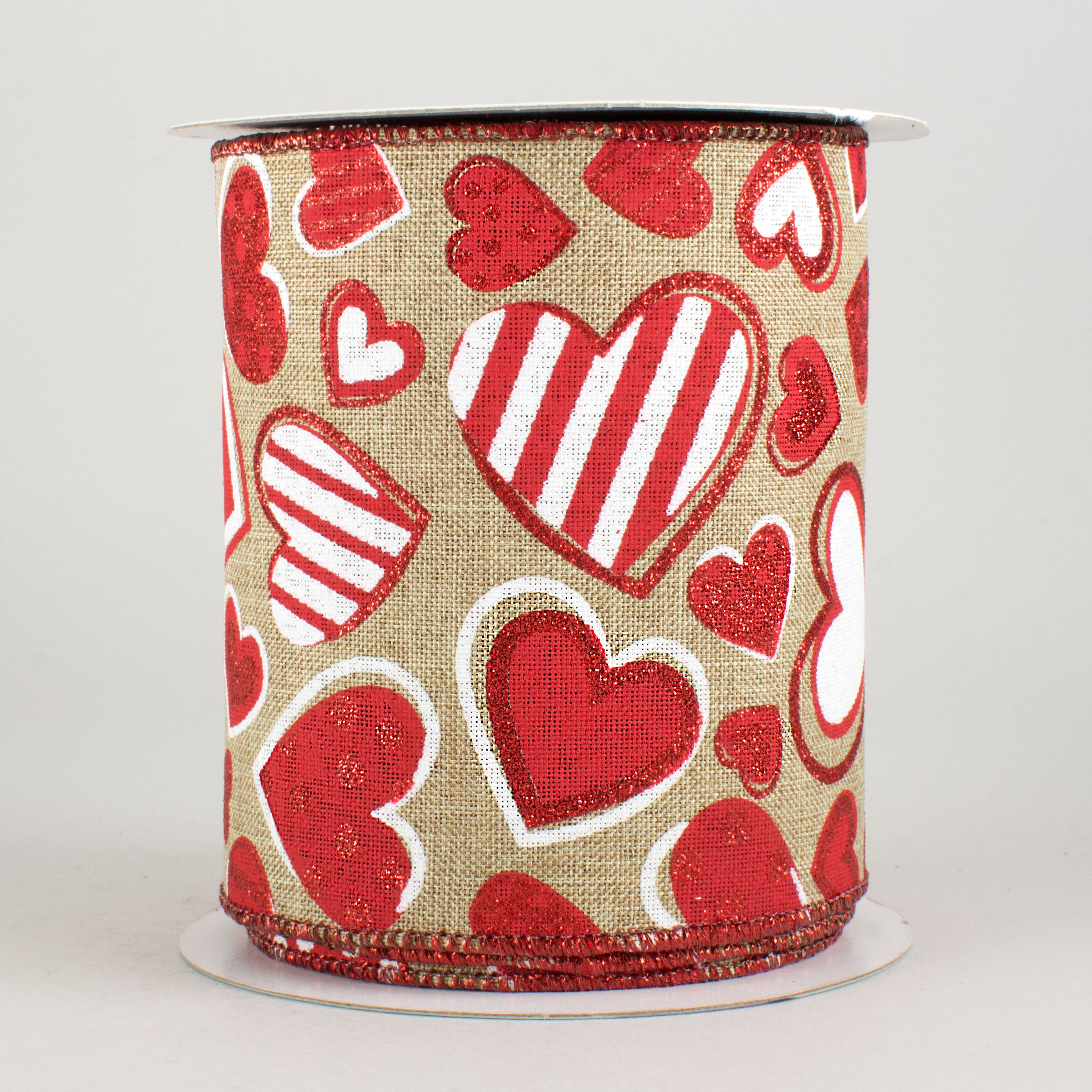 4" Patterned Hearts Ribbon: Natural, White, Red (10 Yards)
