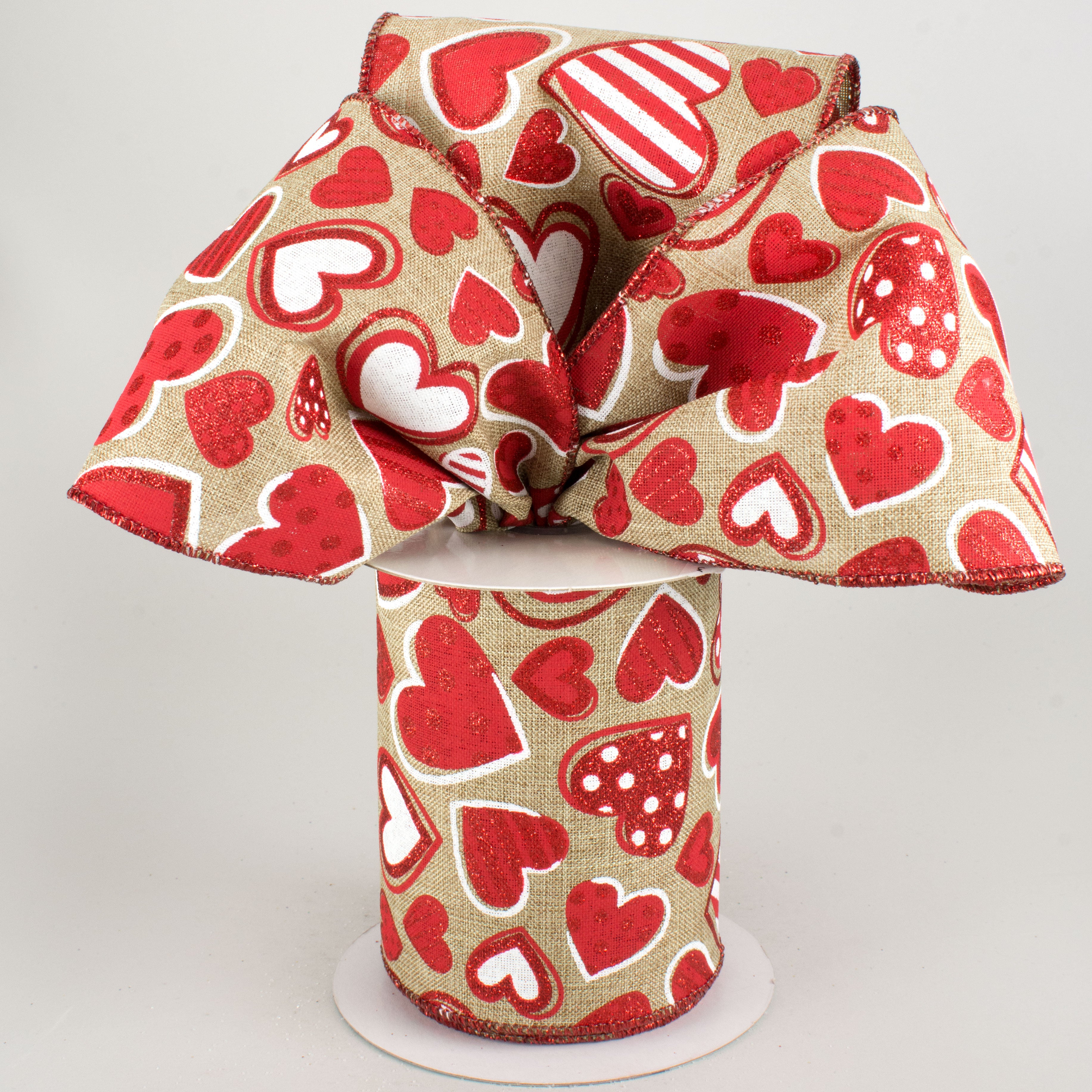 4" Patterned Hearts Ribbon: Natural, White, Red (10 Yards) Lifestyle Photo
