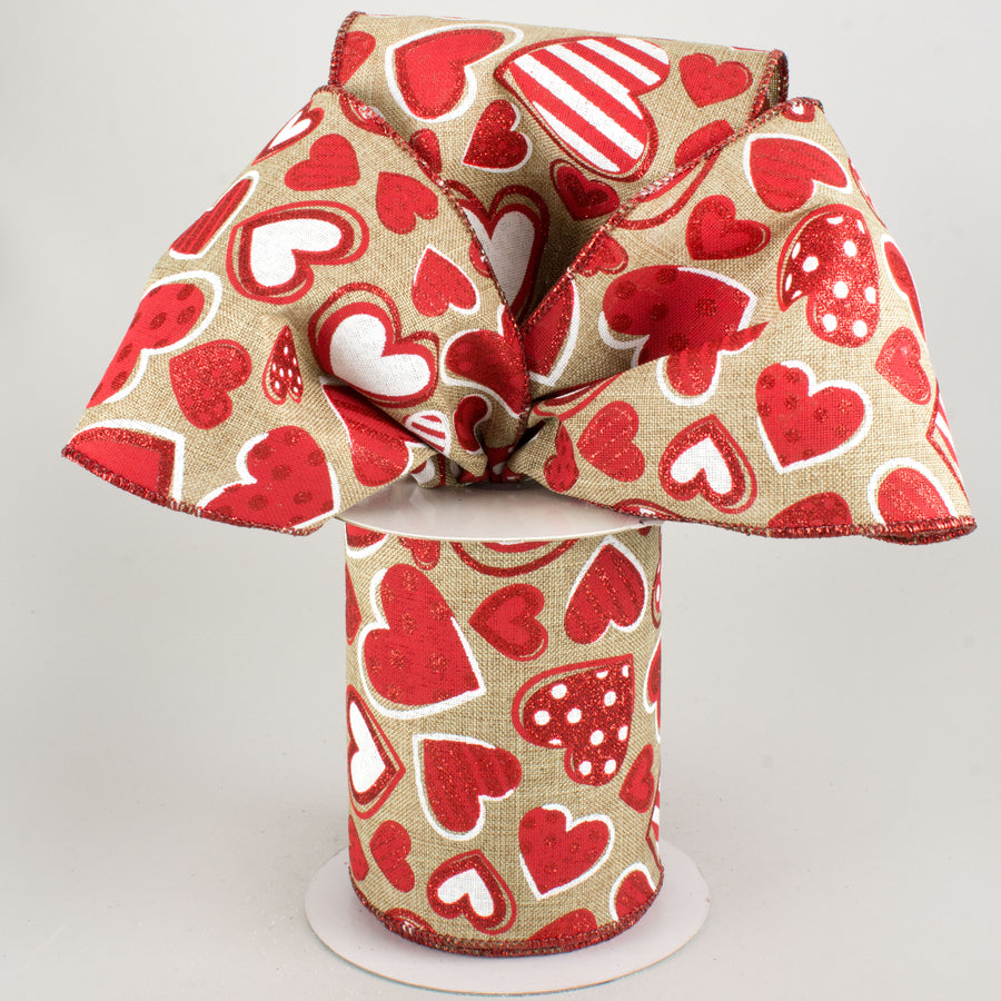 4" Patterned Hearts Ribbon: Natural, White, Red (10 Yards) Lifestyle Photo