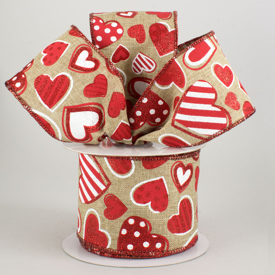 2.5" Patterned Hearts Ribbon: Natural, White, Red (10 Yards) Lifestyle Photo