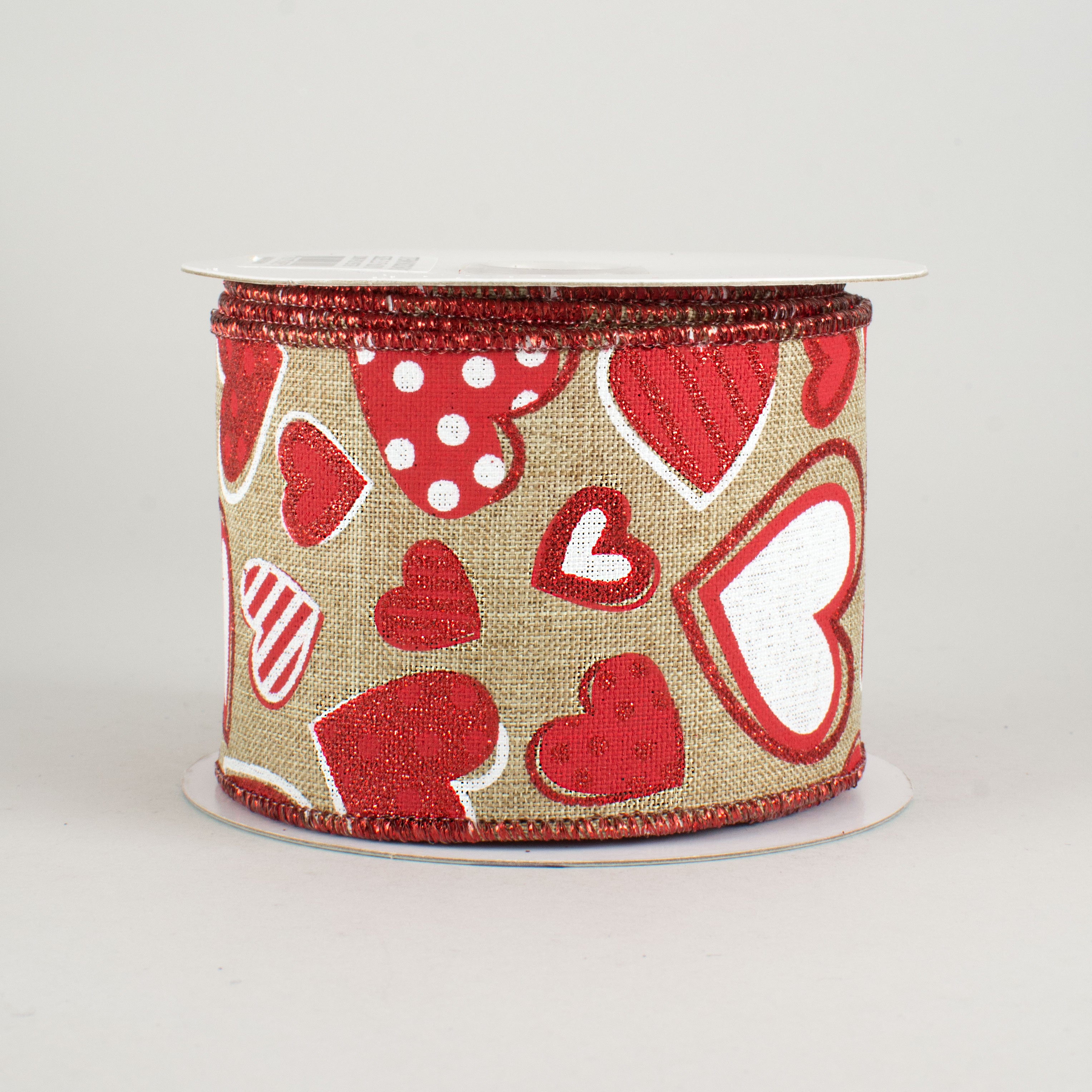 2.5" Patterned Hearts Ribbon: Natural, White, Red (10 Yards)