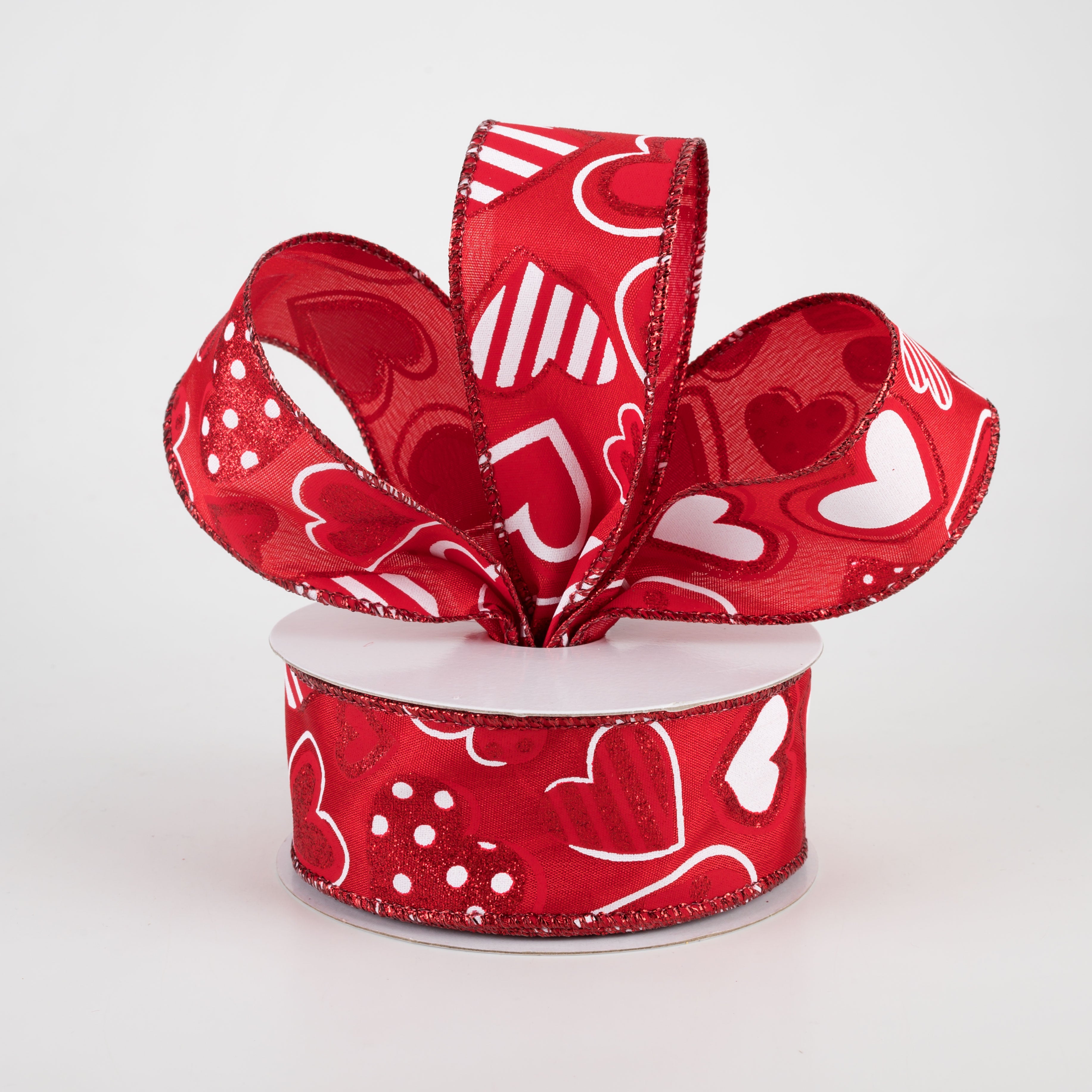 1.5" Patterned Hearts Ribbon: Red & White (10 Yards) Lifestyle Photo