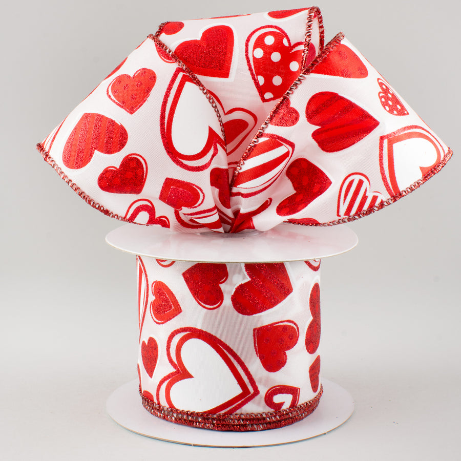 2.5" Patterned Hearts Ribbon: White & Red (10 Yards) Lifestyle Photo