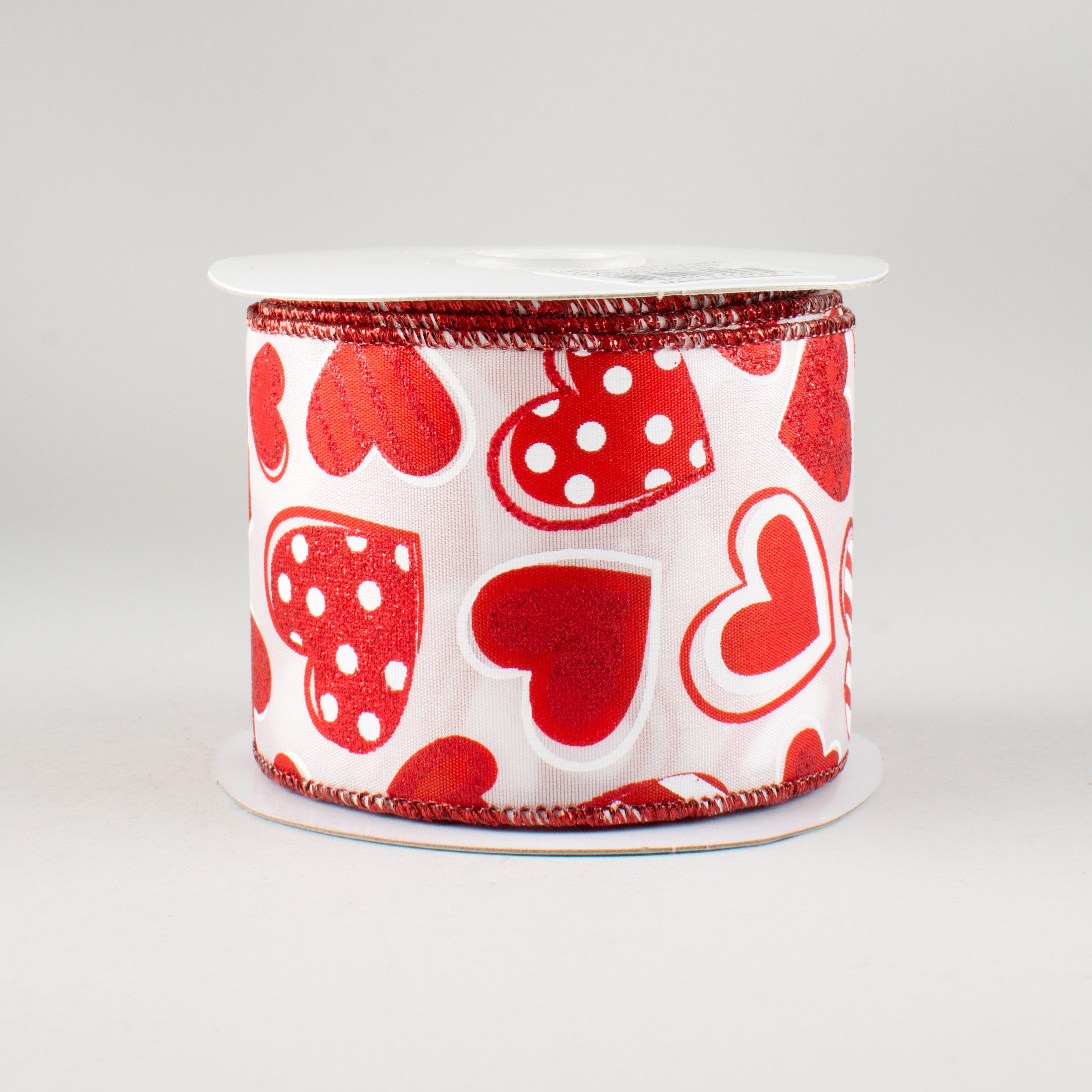 2.5" Patterned Hearts Ribbon: White & Red (10 Yards)