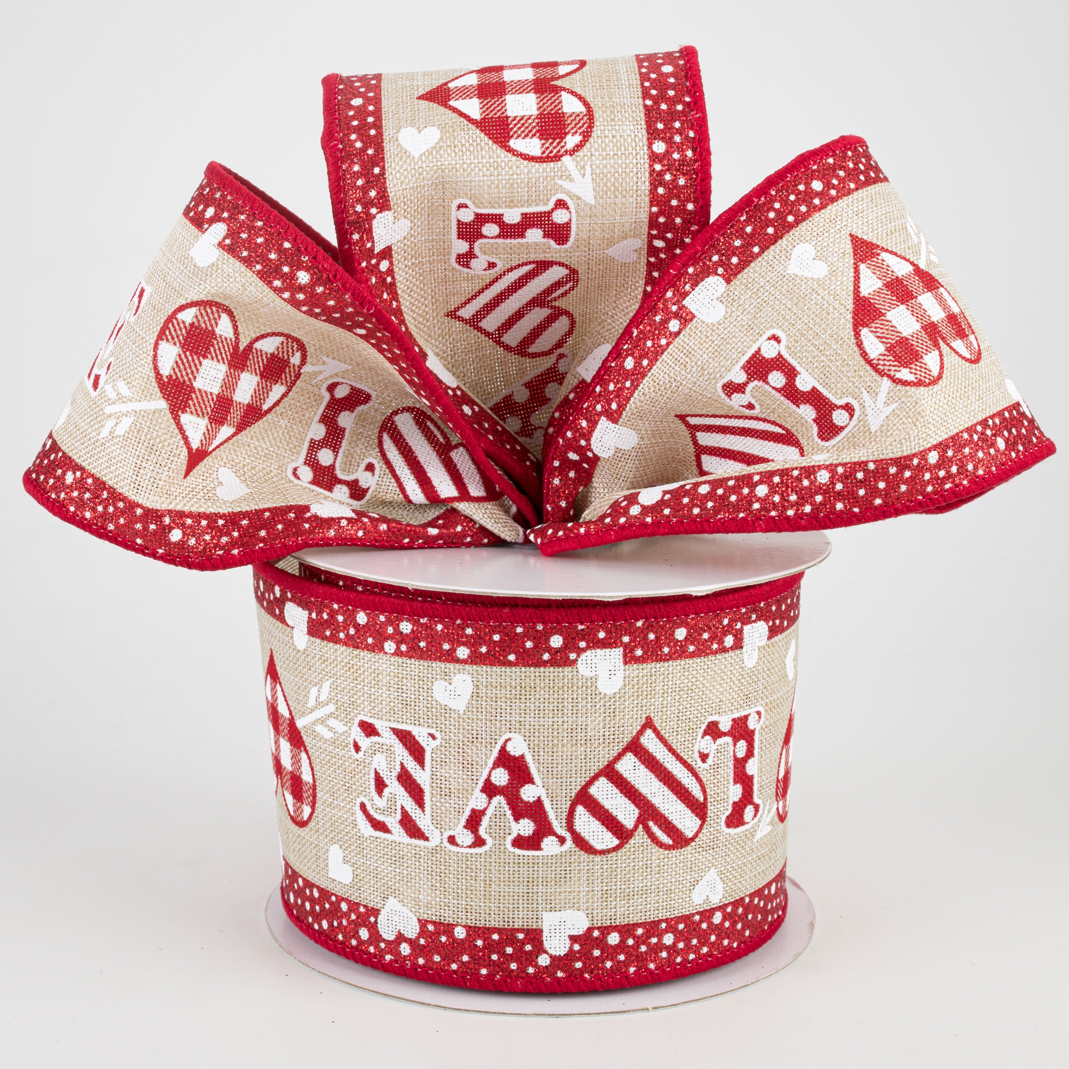 2.5" Patterned Love Heart Ribbon: Natural & Red (10 Yards) Lifestyle Photo