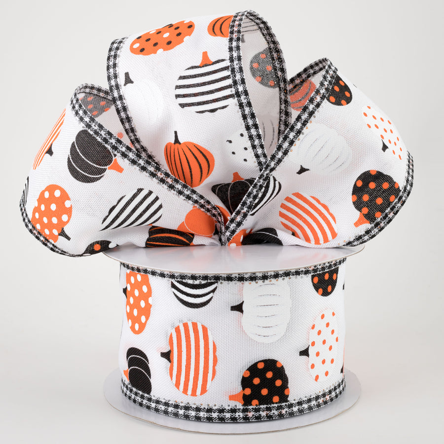 2.5" Patterned Pumpkins Gingham Edge Ribbon: White (10 Yards) Lifestyle Photo
