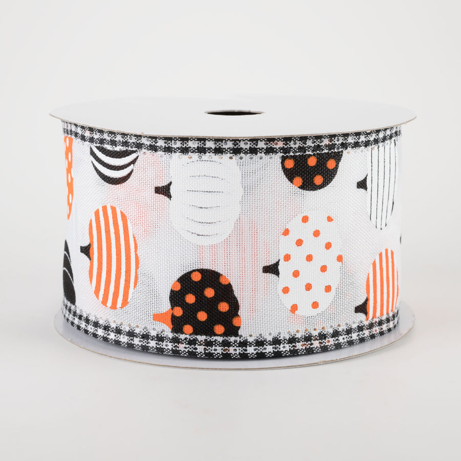 2.5" Patterned Pumpkins Gingham Edge Ribbon: White (10 Yards)