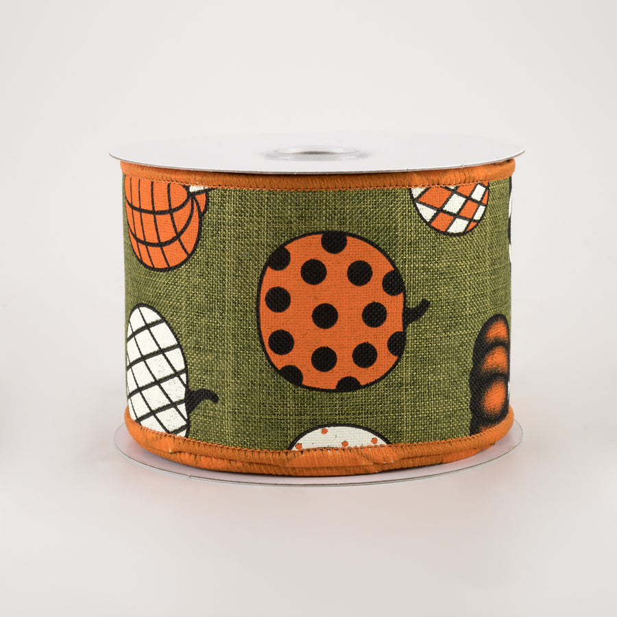 2.5" Patterned Pumpkins Linen Ribbon: Moss (10 Yards)
