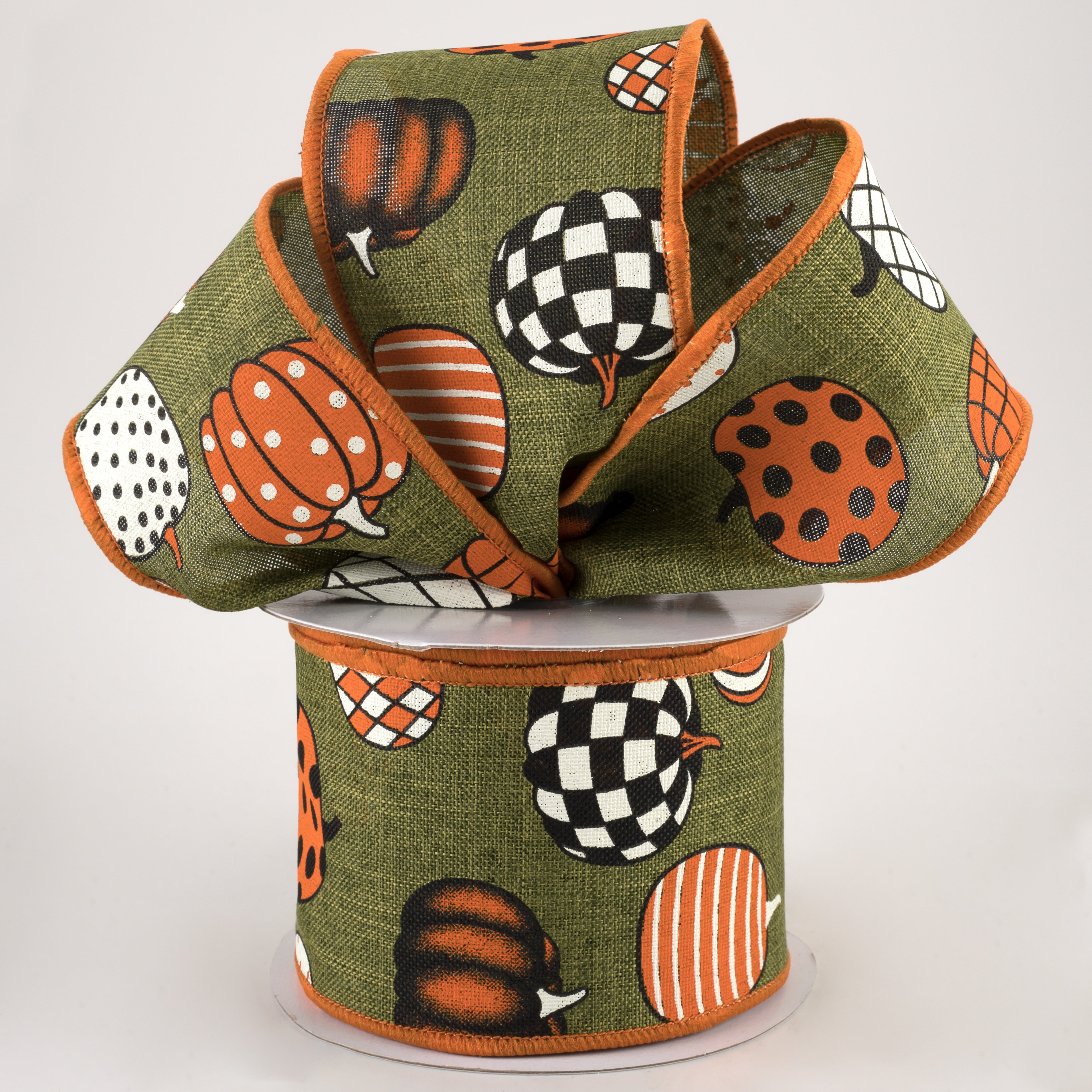 2.5" Patterned Pumpkins Linen Ribbon: Moss (10 Yards) Lifestyle Photo