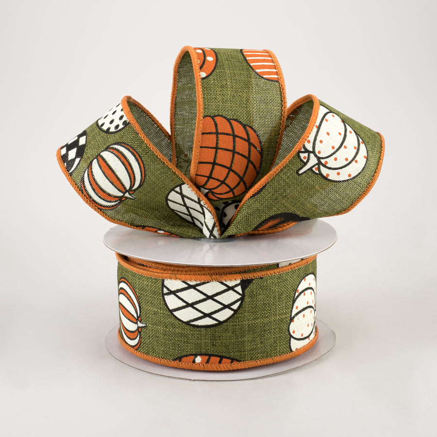 1.5" Patterned Pumpkins Linen Ribbon: Moss (10 Yards) Lifestyle Photo