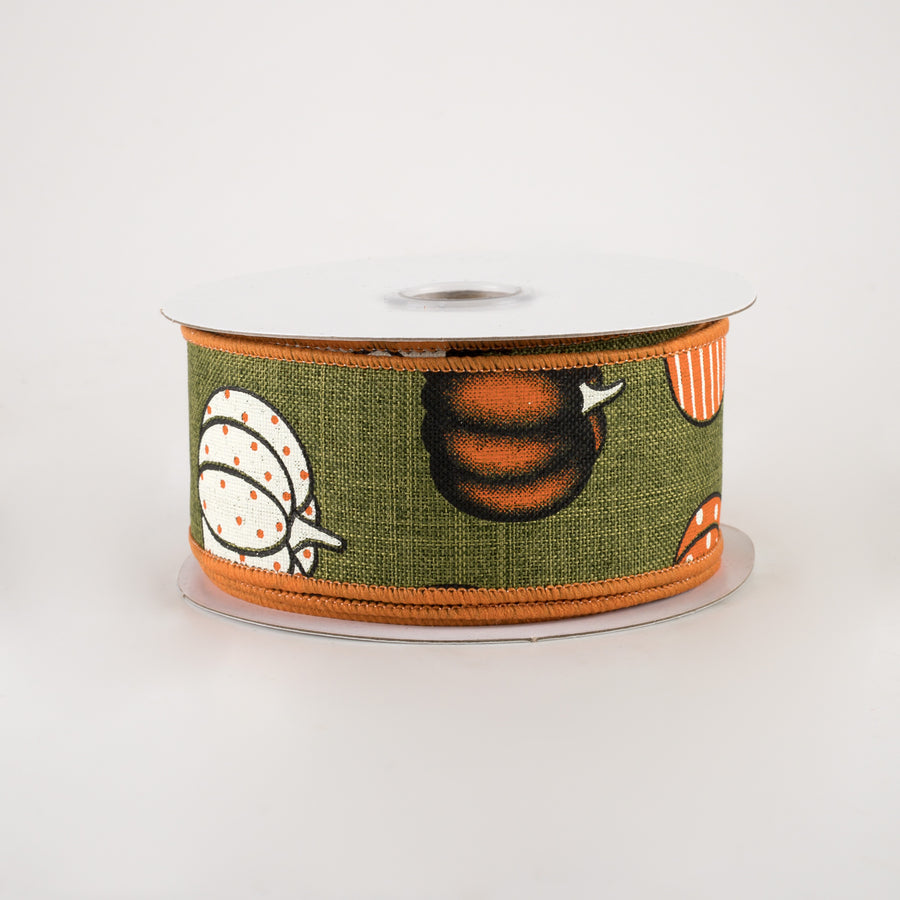 1.5" Patterned Pumpkins Linen Ribbon: Moss (10 Yards)