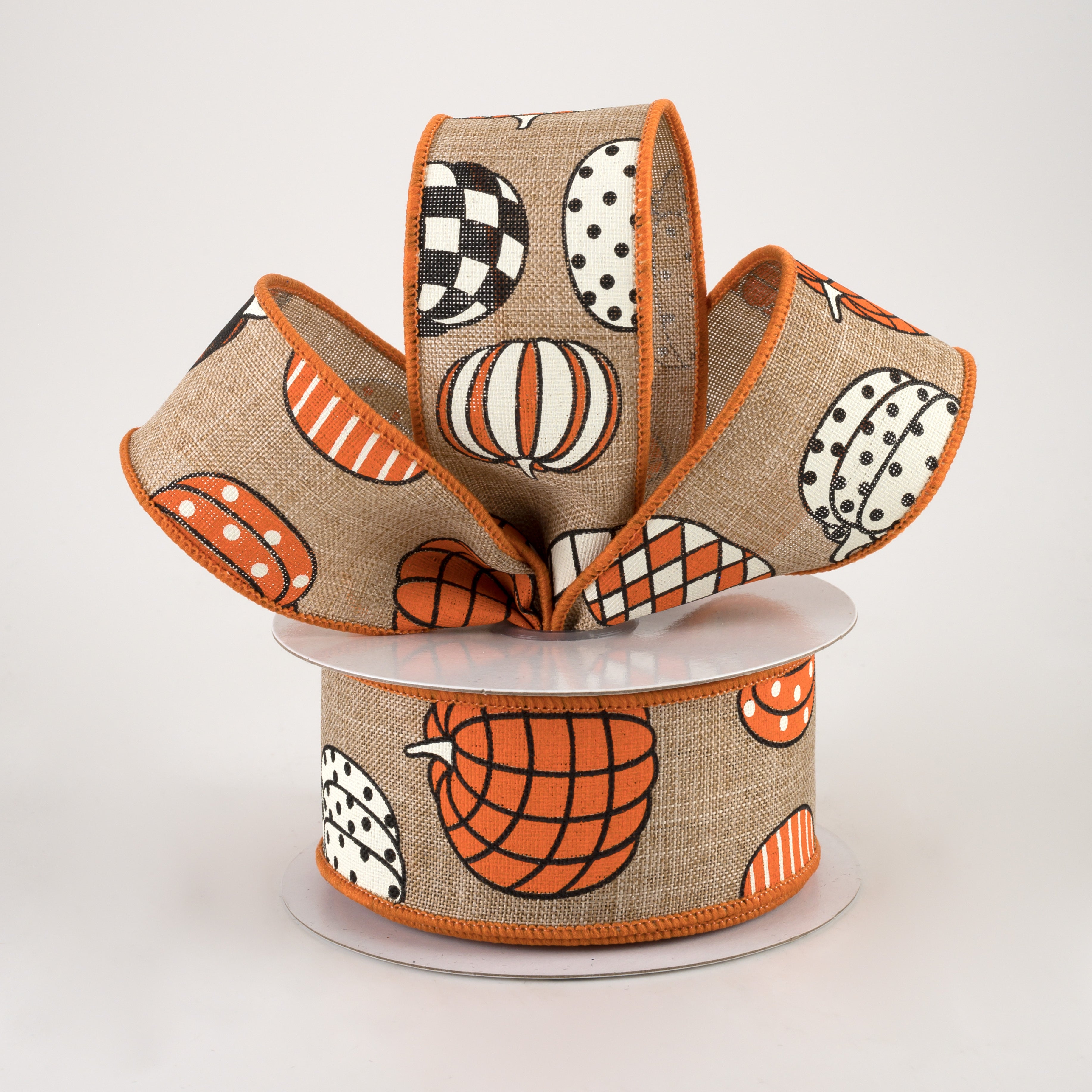 1.5" Patterned Pumpkins Linen Ribbon: Natural (10 Yards) Lifestyle Photo