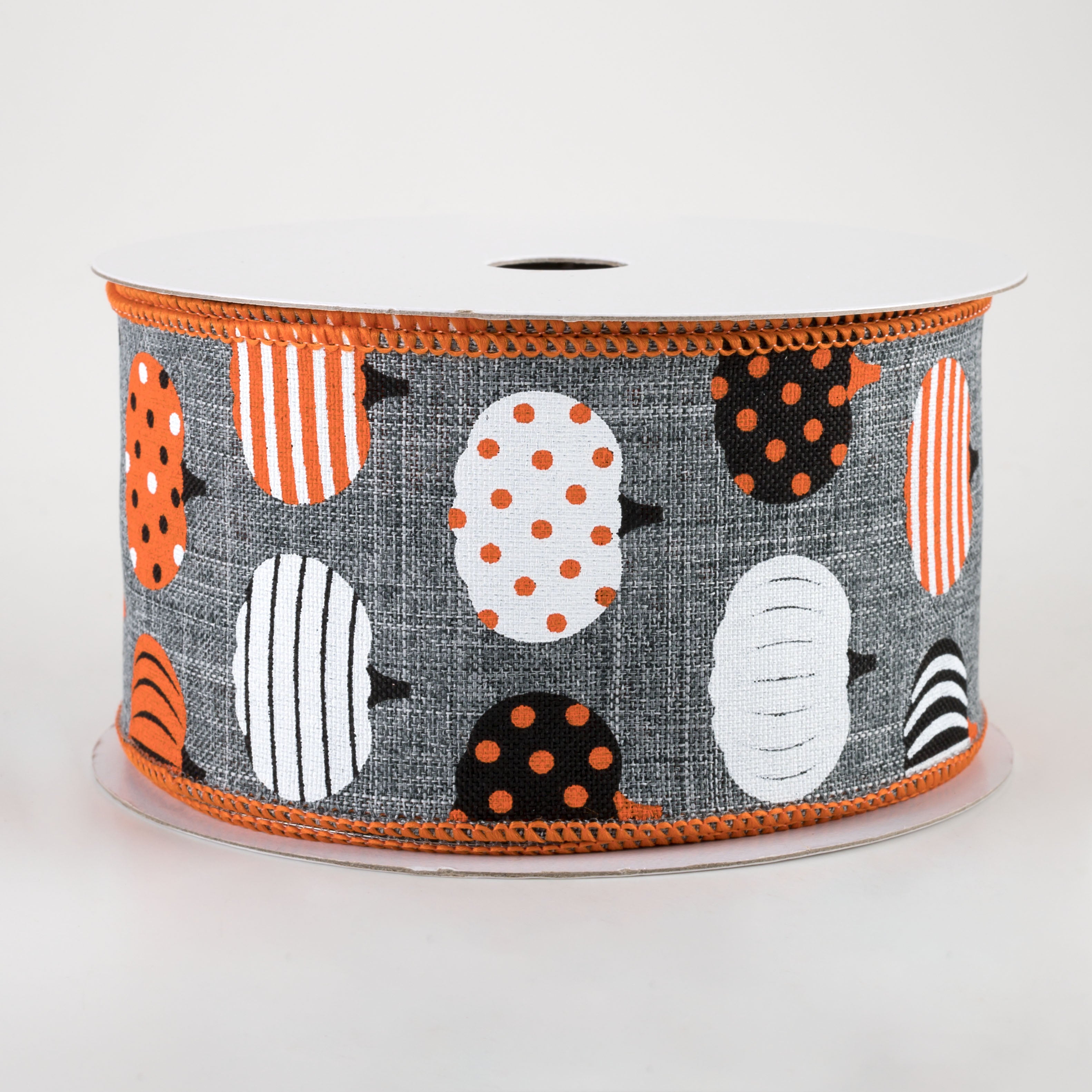 2.5" Patterned Pumpkins Ribbon: Grey (10 Yards)