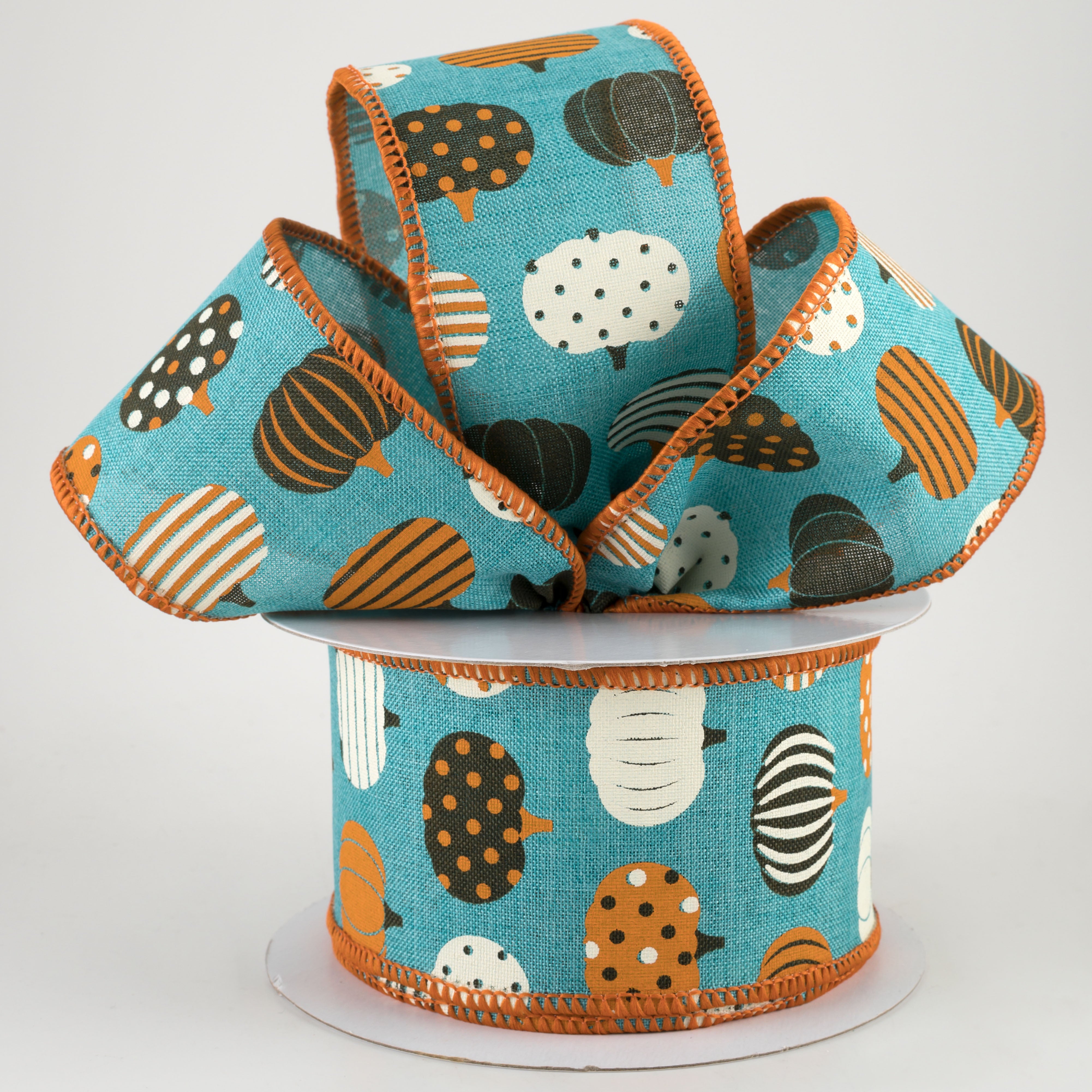2.5" Patterned Pumpkins Ribbon: Light Teal (10 Yards) Lifestyle Photo