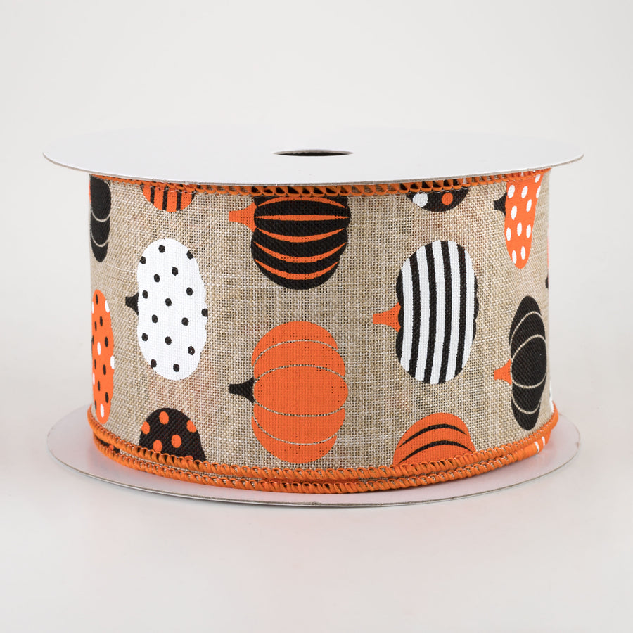 2.5" Patterned Pumpkins Ribbon: Natural (10 Yards)