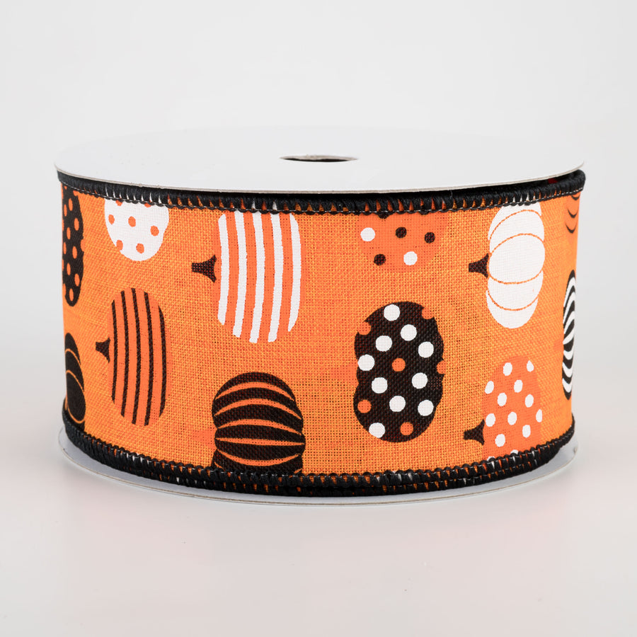 2.5" Patterned Pumpkins Ribbon: Orange, Black, White (10 Yards)