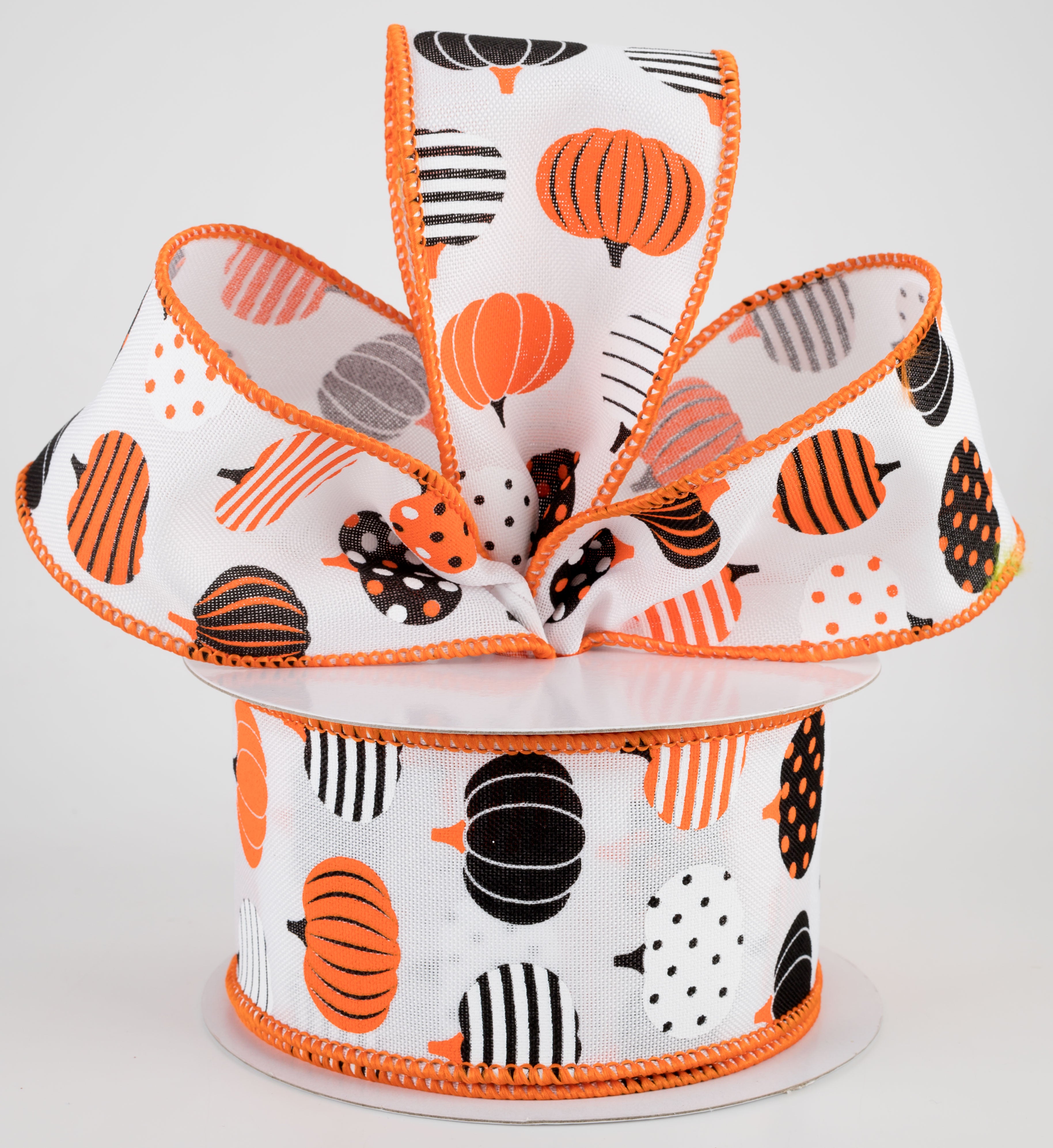 2.5" Patterned Pumpkins Ribbon: White, Orange, Black (10 Yards) Lifestyle Photo