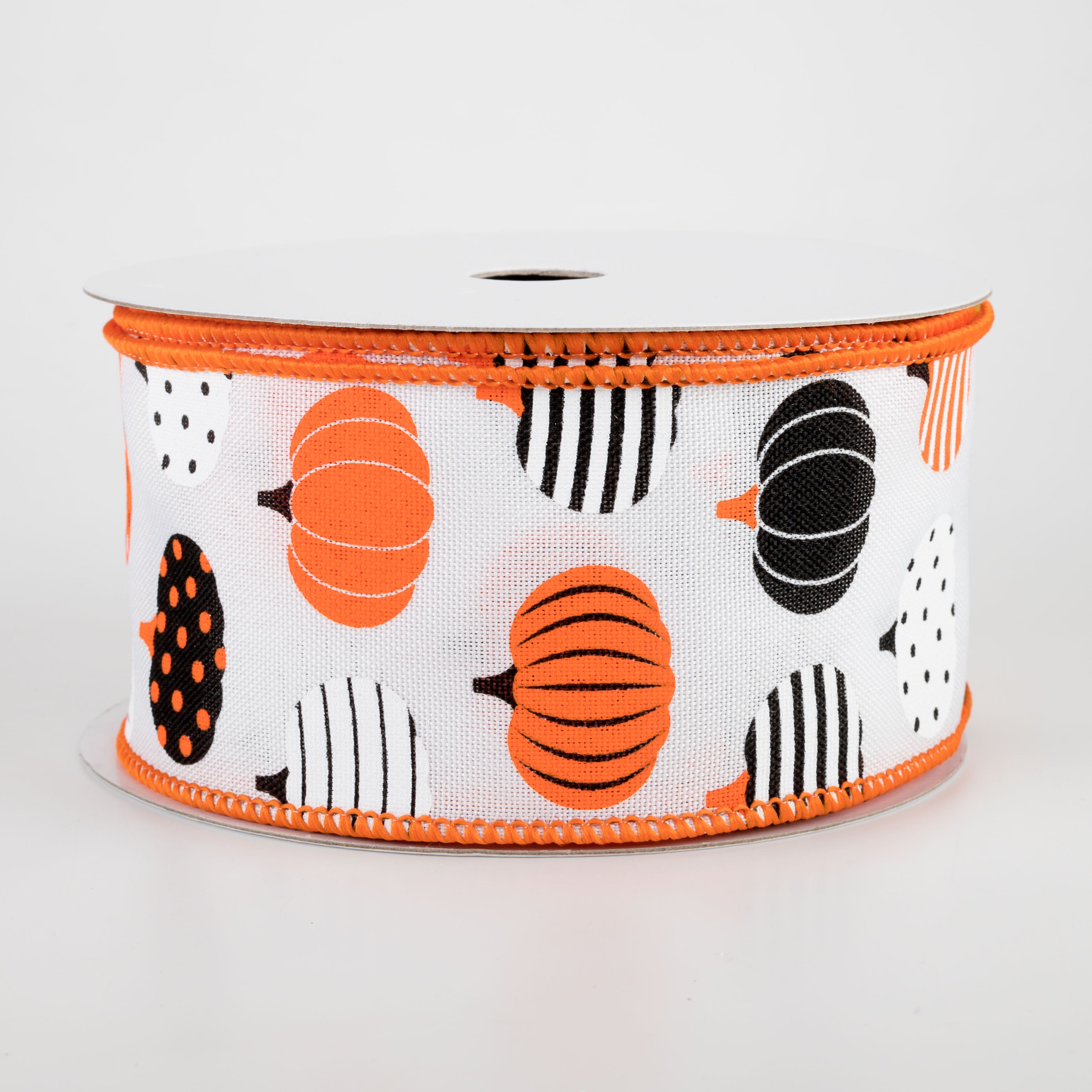 2.5" Patterned Pumpkins Ribbon: White, Orange, Black (10 Yards)