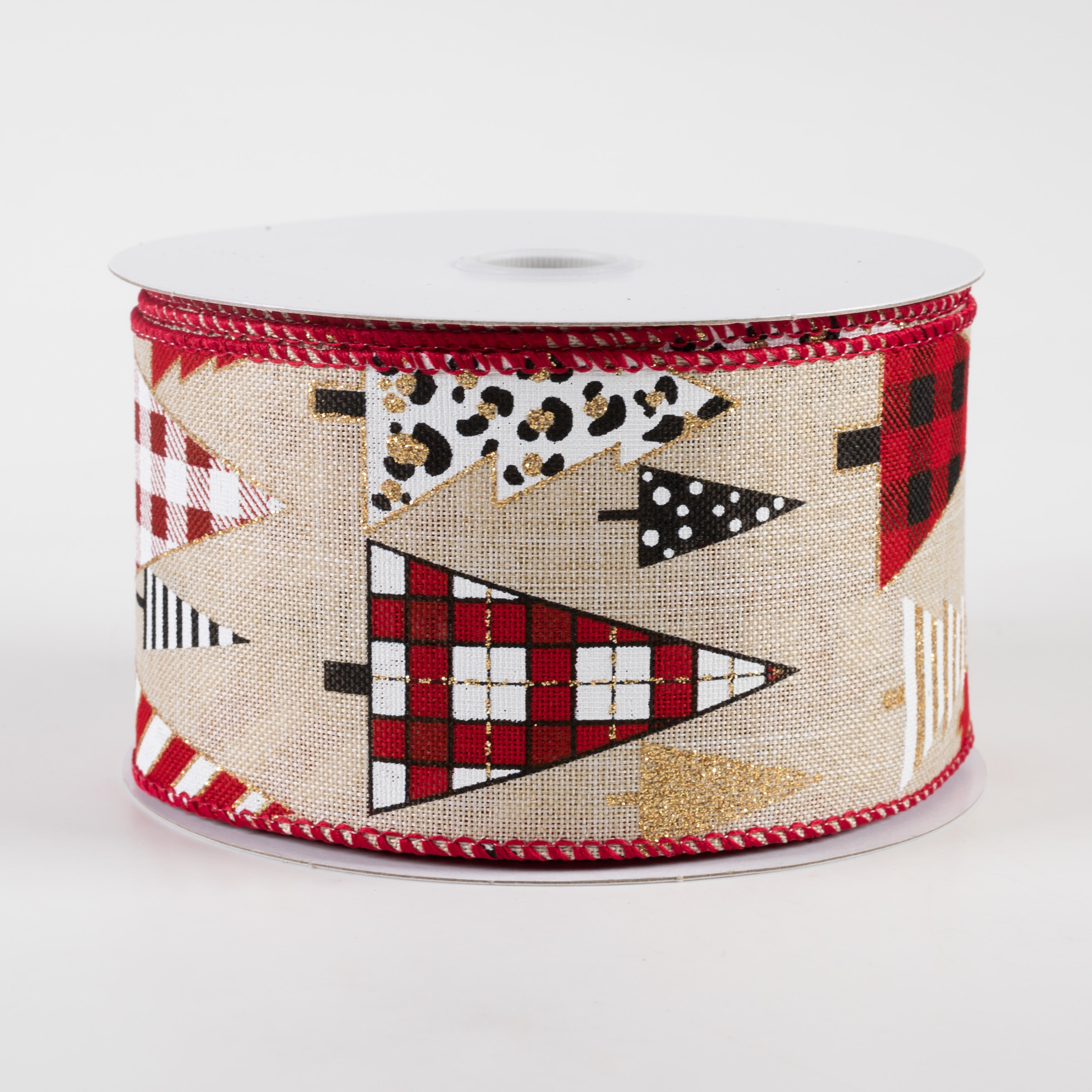 2.5" Patterned Trees Linen Ribbon: Natural, Red, Black, White, Gold (10 Yards) Item Number: 71257-40-21
