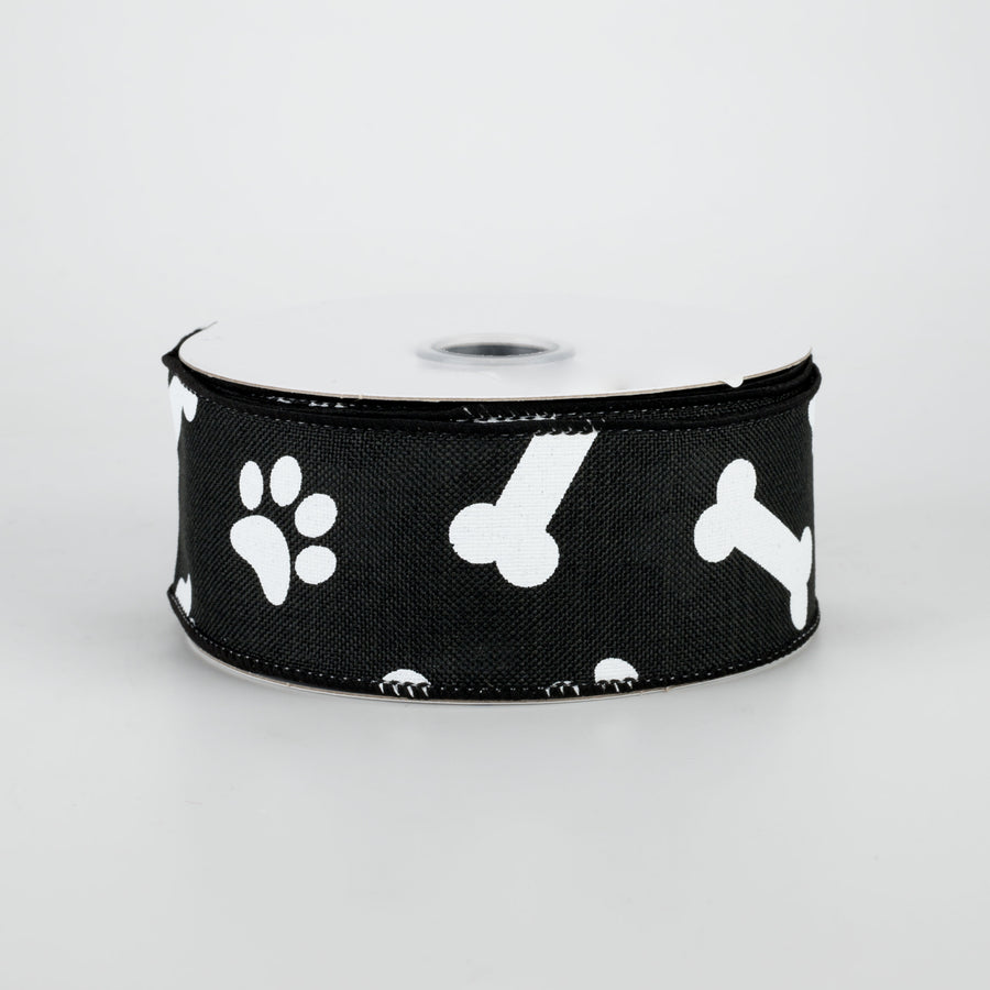1.5" Paw Print & Bones Ribbon: Black & White (10 Yards)