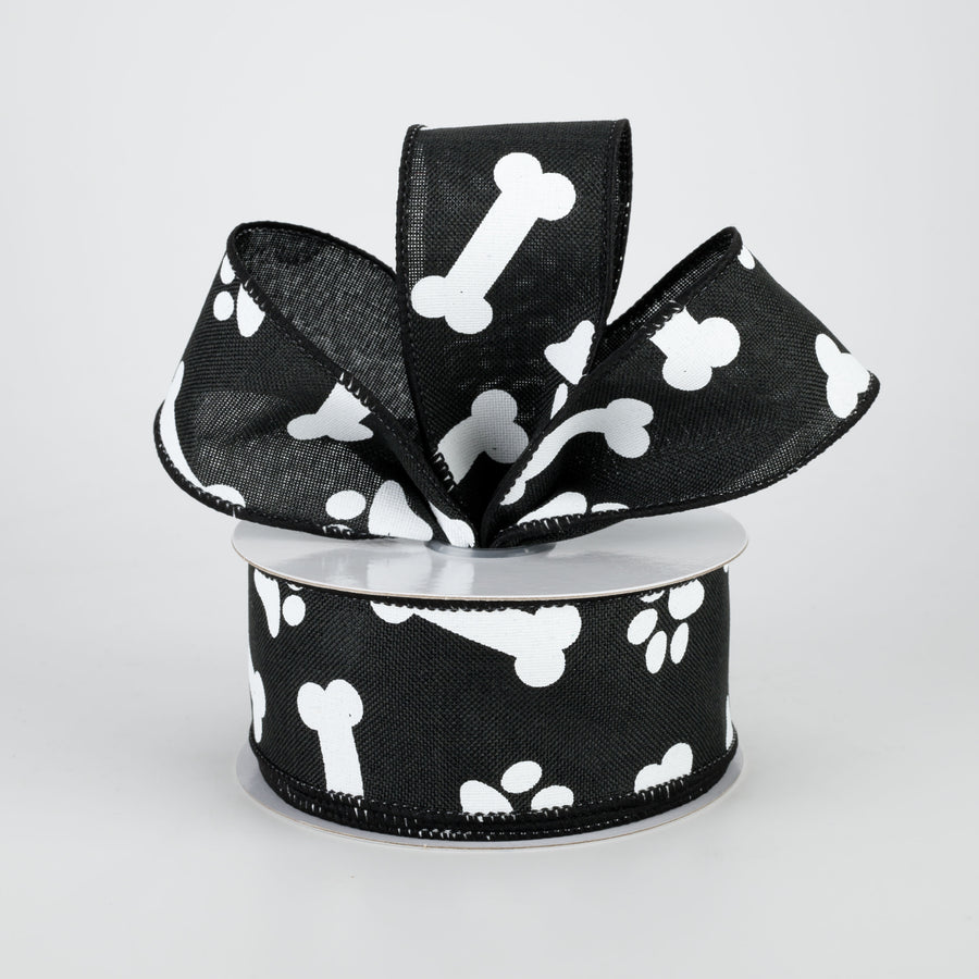 1.5" Paw Print & Bones Ribbon: Black & White (10 Yards) Lifestyle Photo