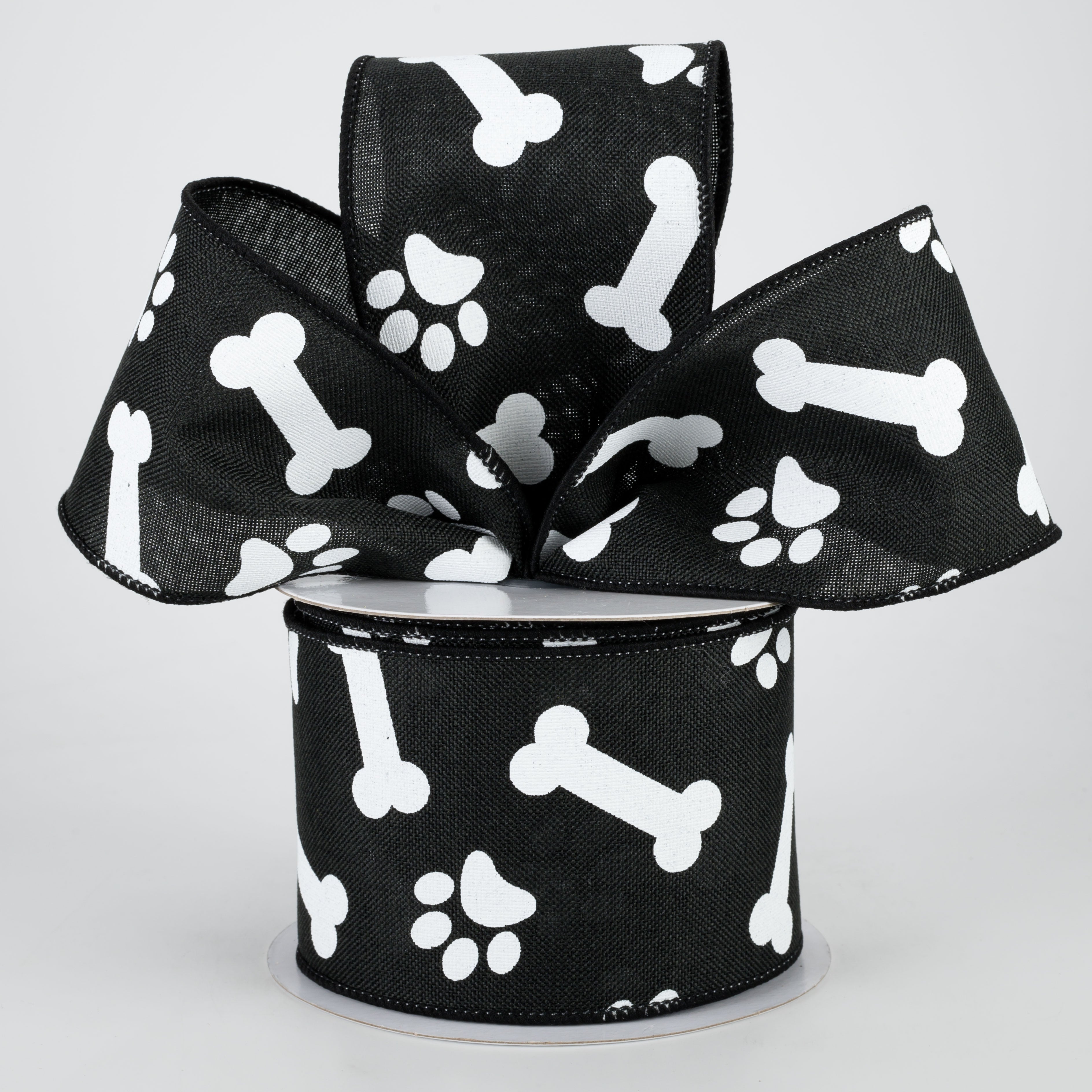 2.5" Paw Print & Bones Ribbon: Black & White (10 Yards) Lifestyle Photo