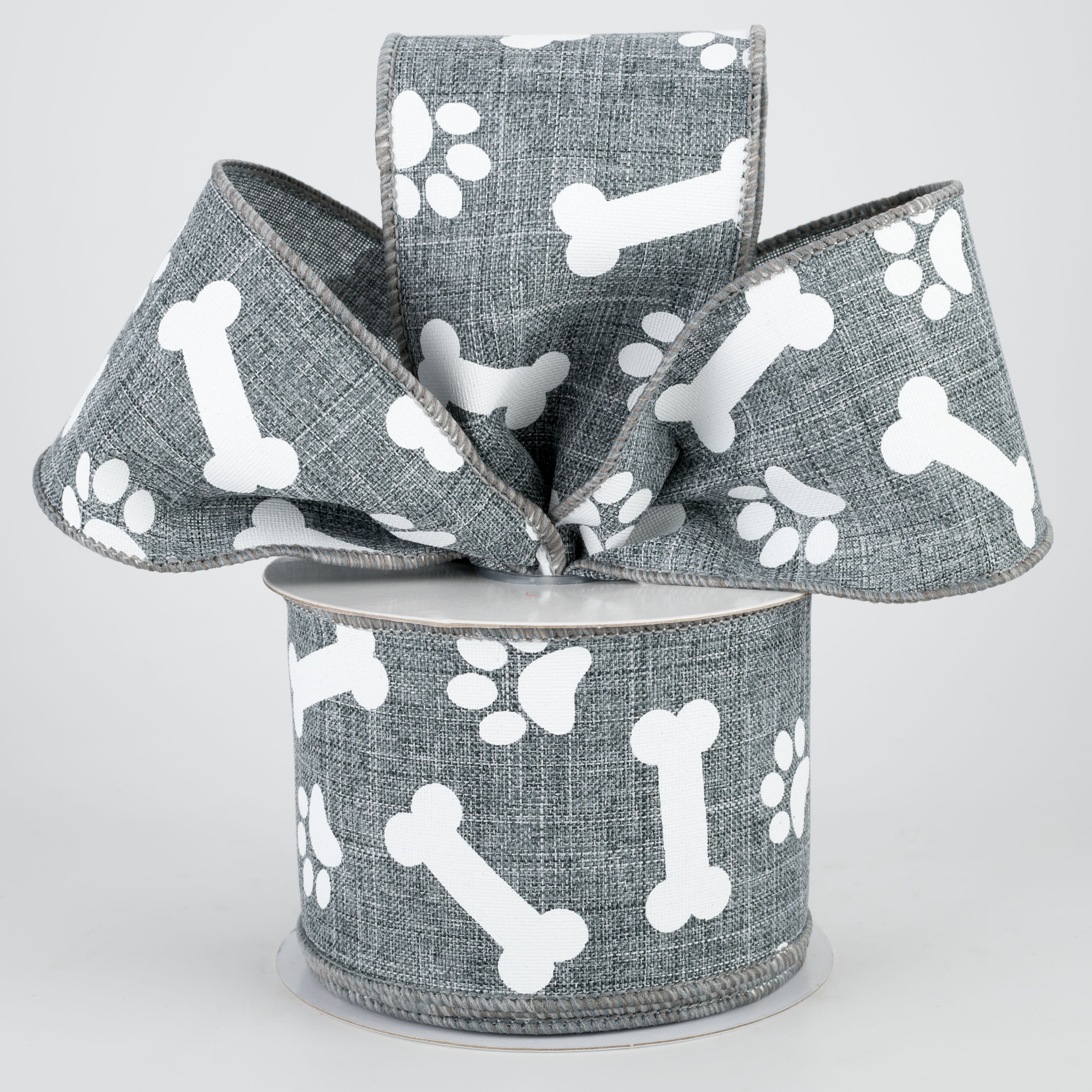 2.5" Paw Print & Bones Ribbon: Grey & White (10 Yards) Lifestyle Photo