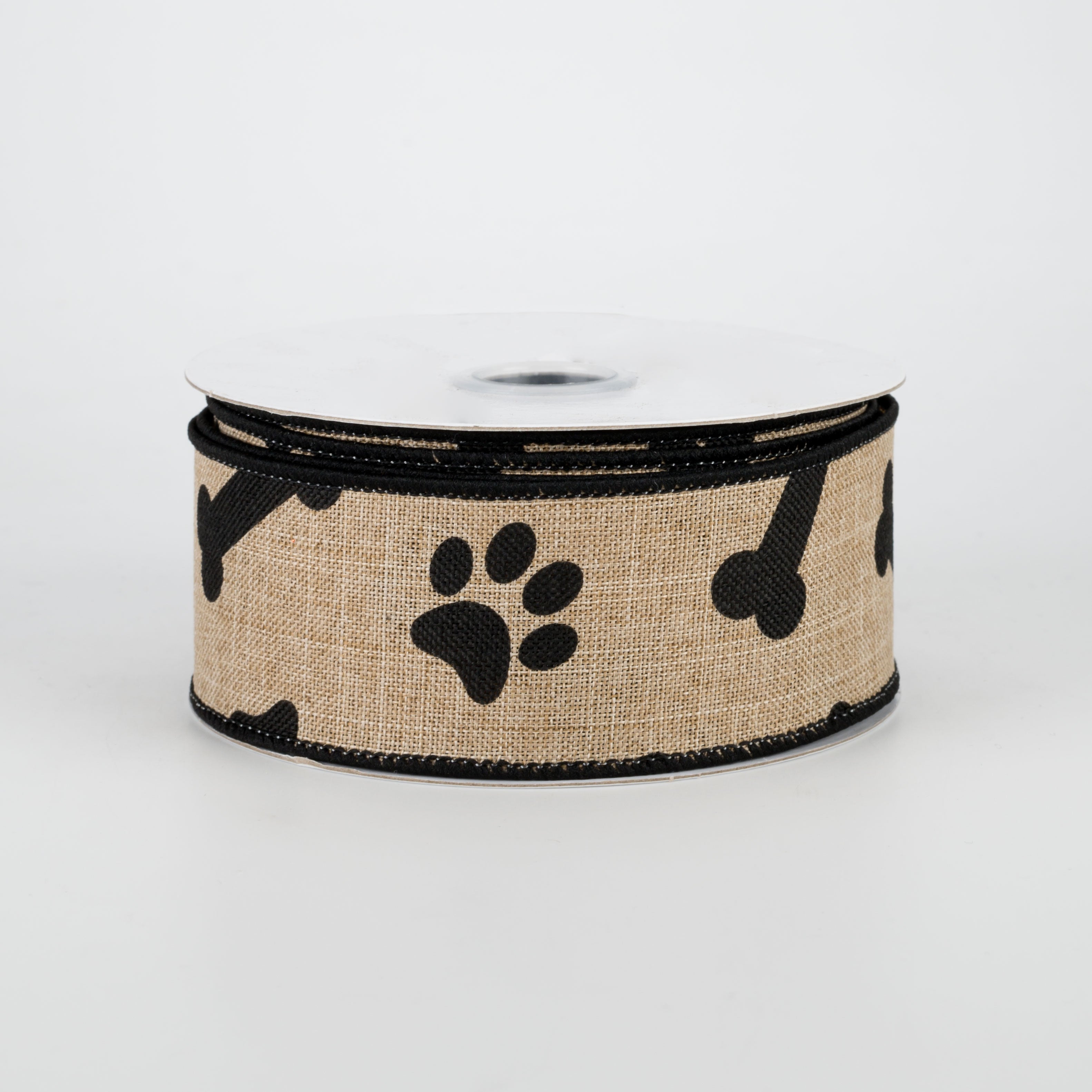 1.5" Paw Print & Bones Ribbon: Light Beige & Black (10 Yards)