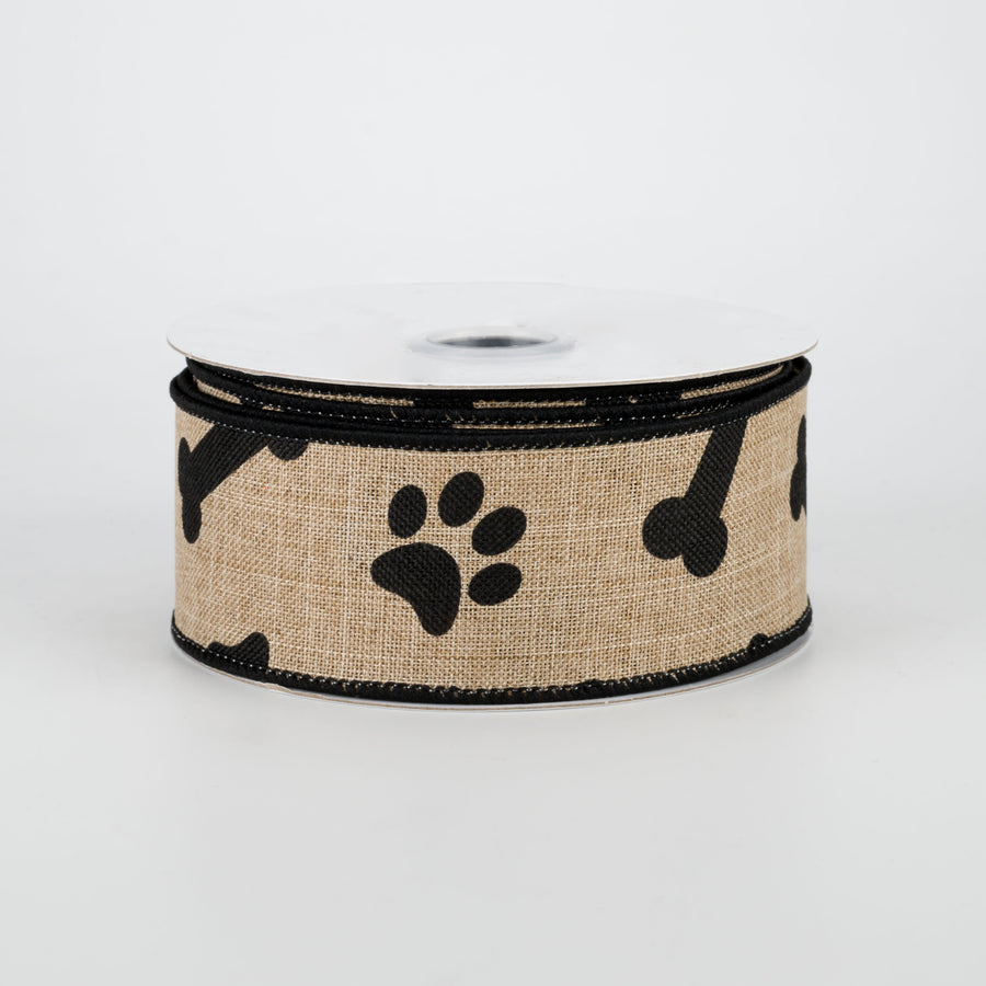 1.5" Paw Print & Bones Ribbon: Light Beige & Black (10 Yards)