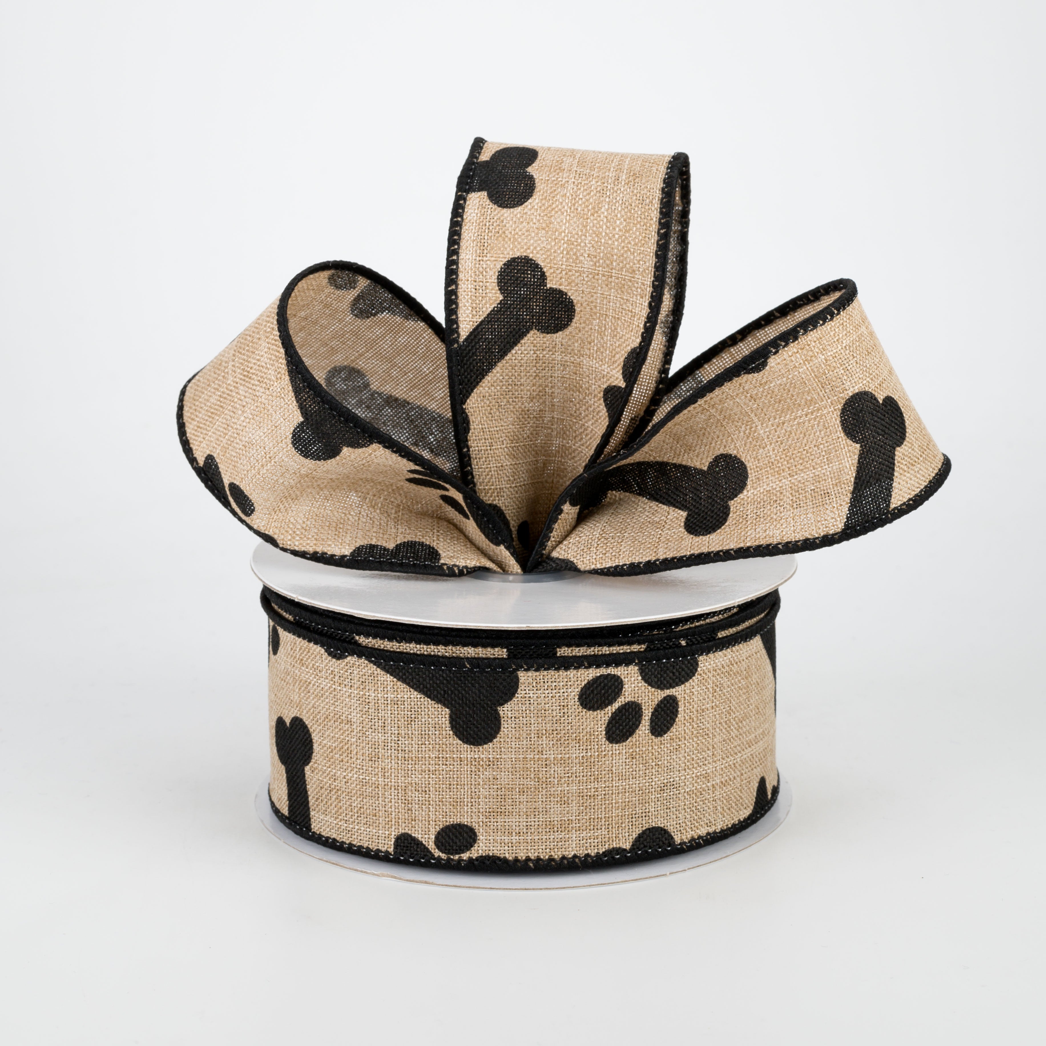 1.5" Paw Print & Bones Ribbon: Light Beige & Black (10 Yards) Lifestyle Photo