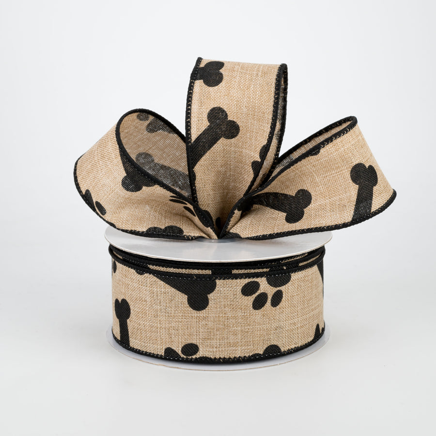 1.5" Paw Print & Bones Ribbon: Light Beige & Black (10 Yards) Lifestyle Photo
