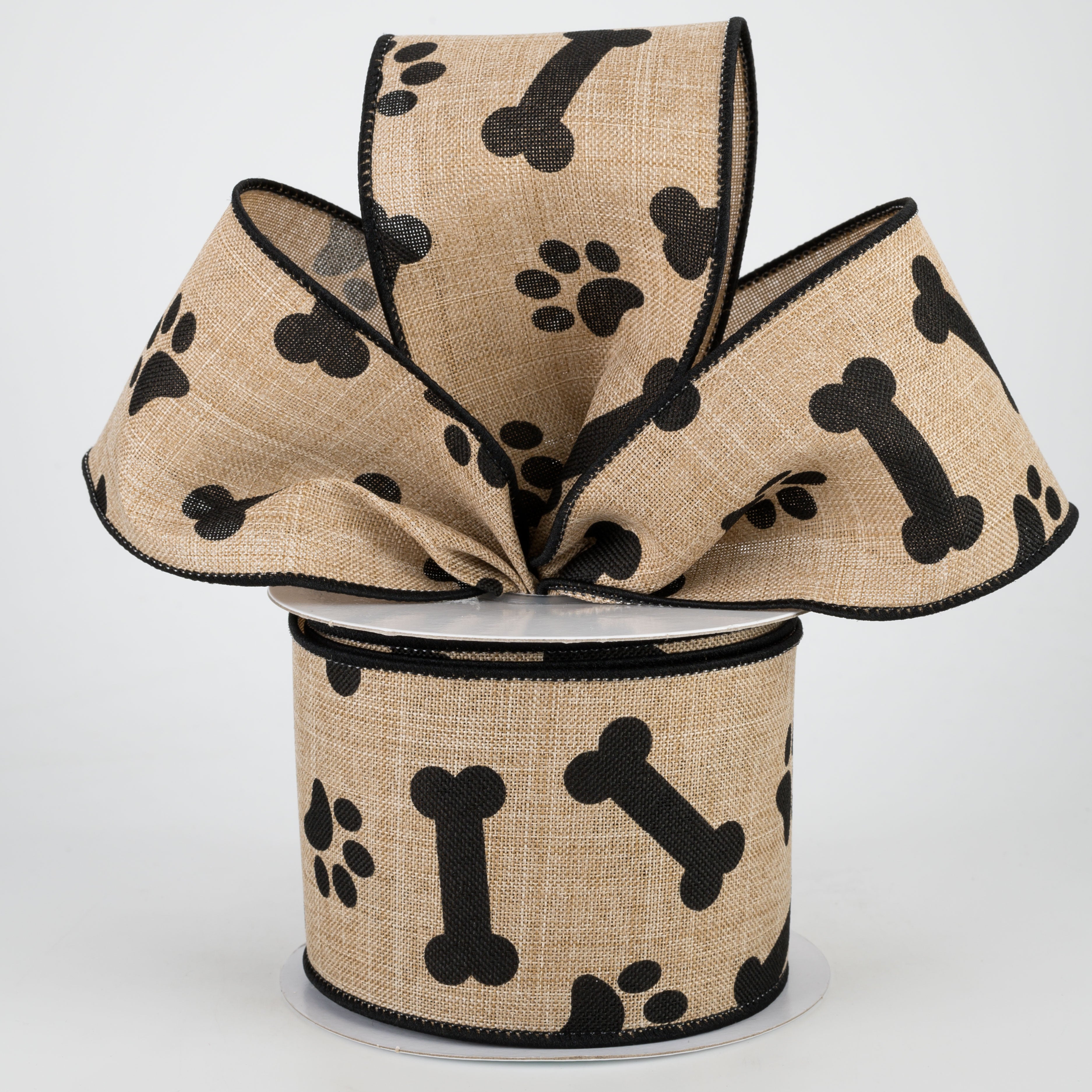 2.5" Paw Print & Bones Ribbon: Light Beige & Black (10 Yards) Lifestyle Photo