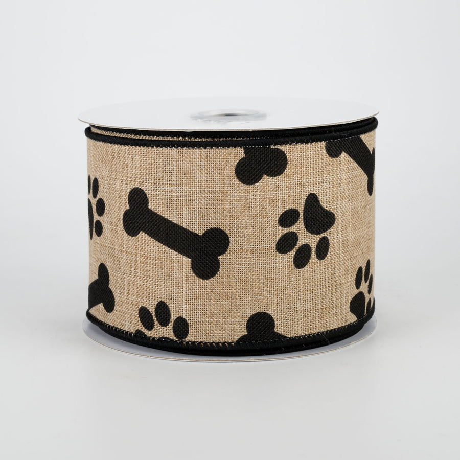 2.5" Paw Print & Bones Ribbon: Light Beige & Black (10 Yards)