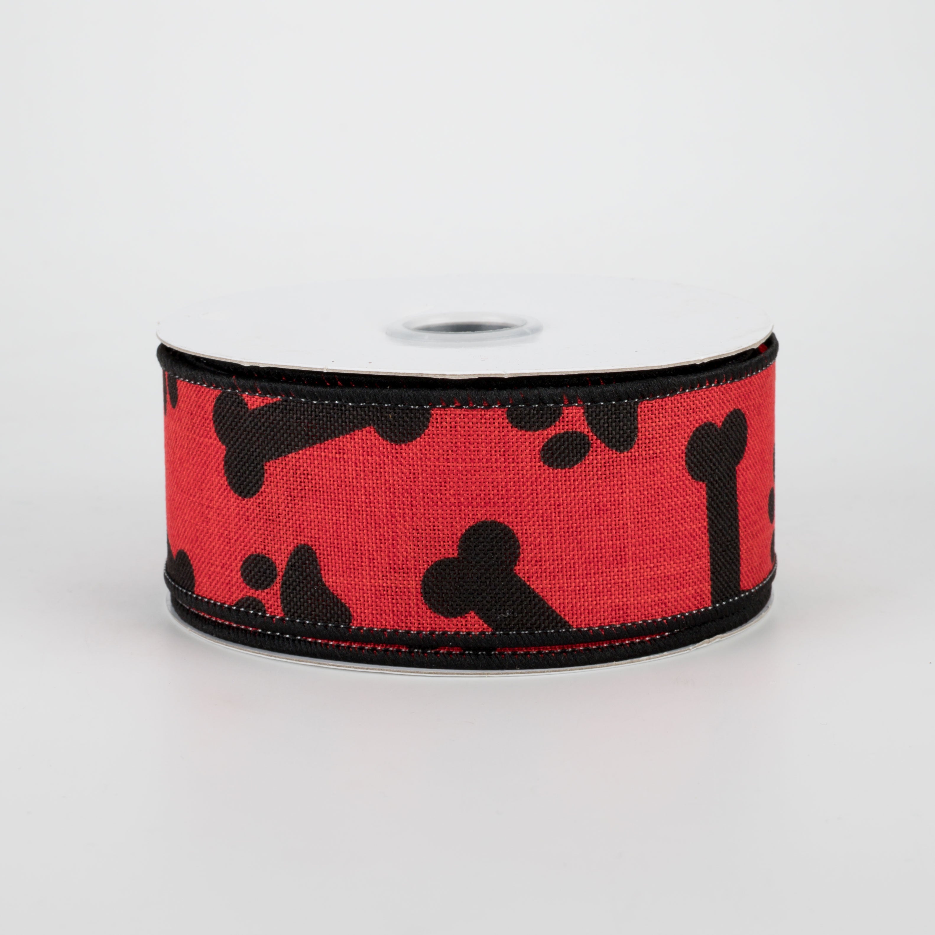 1.5" Paw Print & Bones Ribbon: Red & Black (10 Yards)