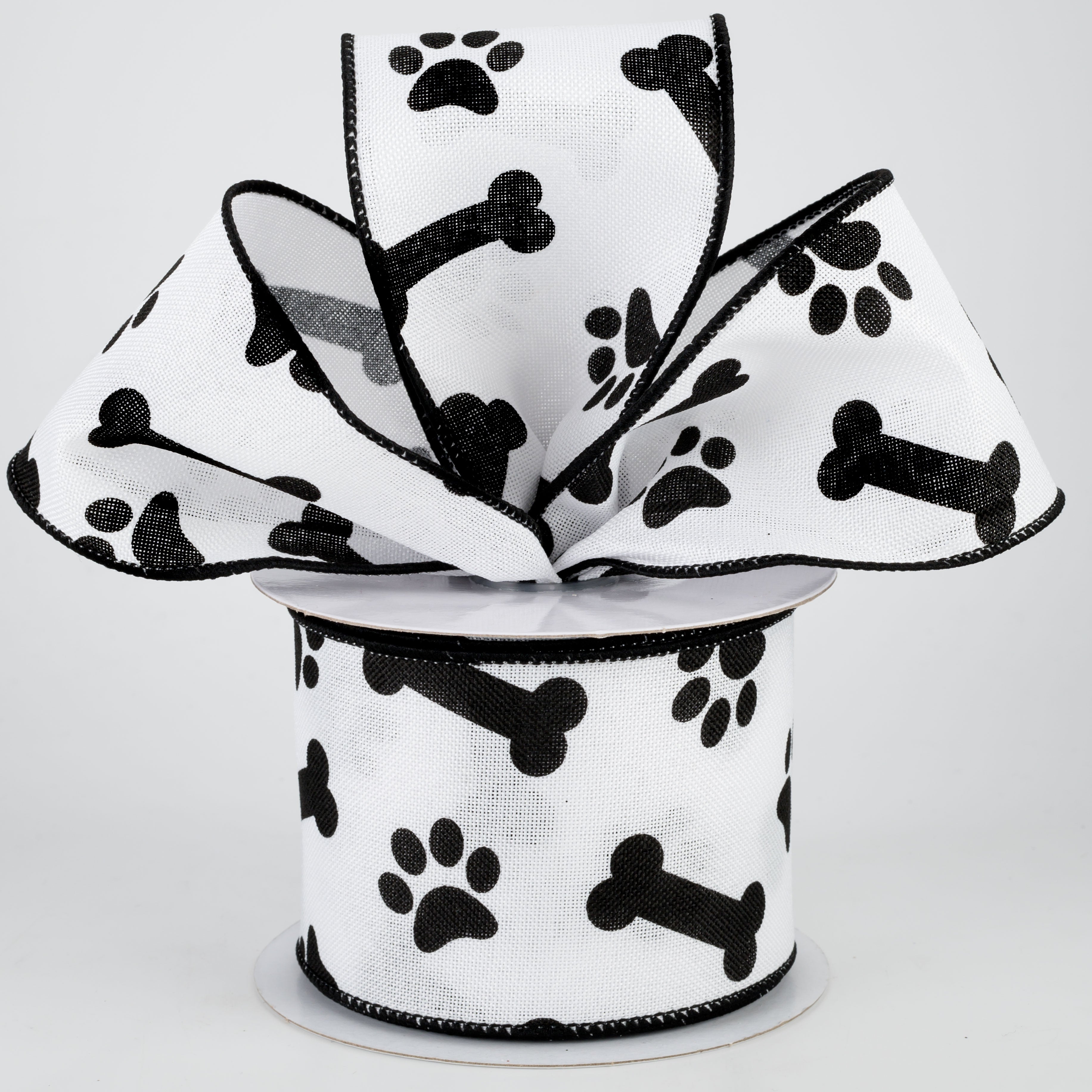 2.5" Paw Print & Bones Ribbon: White & Black (10 Yards) Lifestyle Photo