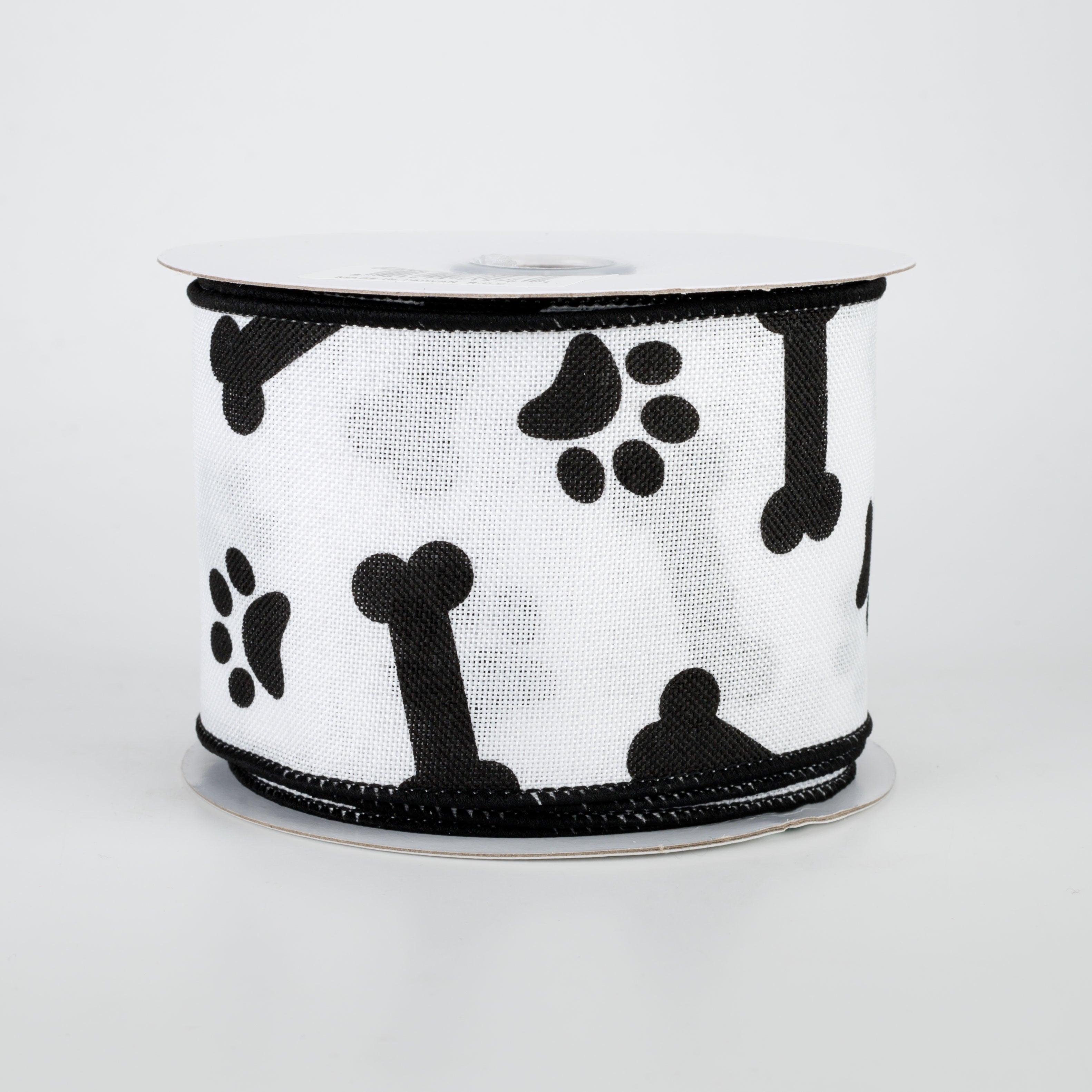 2.5" Paw Print & Bones Ribbon: White & Black (10 Yards)