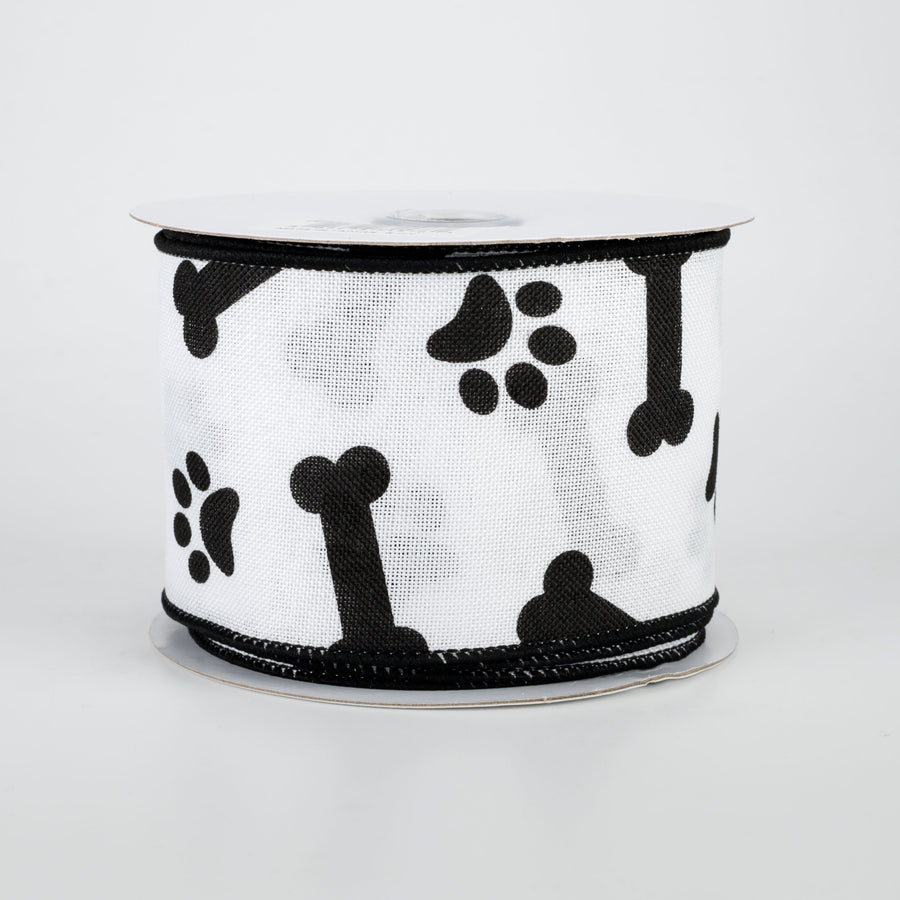 2.5" Paw Print & Bones Ribbon: White & Black (10 Yards)