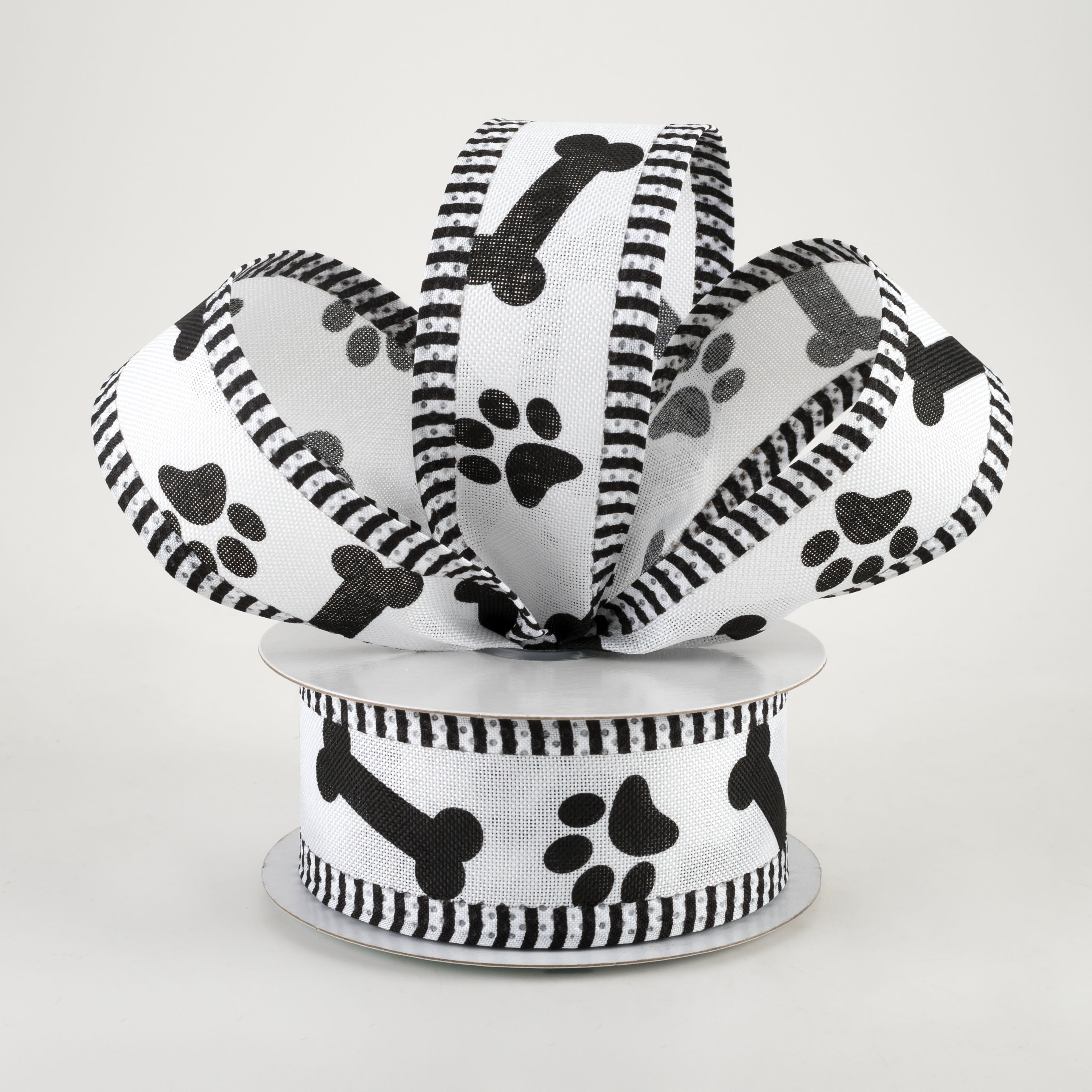 1.5" Paw Prints & Bones Thin Stripe Edge Ribbon: White & Black (10 Yards) Lifestyle Photo